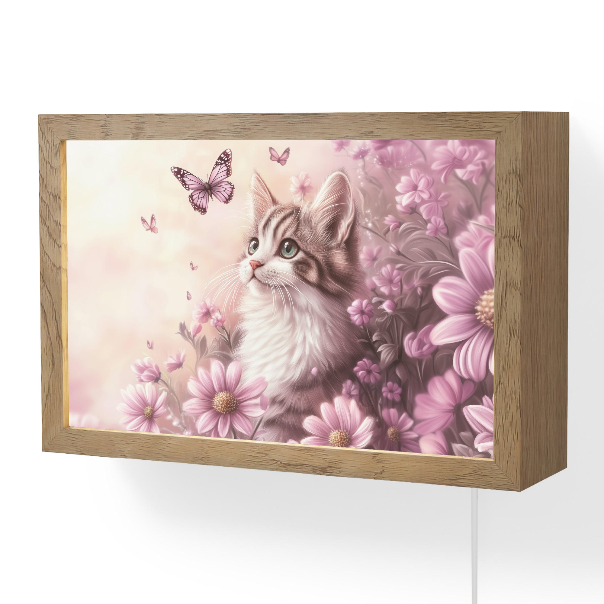 NÁSTĚNNÁ LAMPA Koťátko - Květiny - Motýli - Fialová 30x20 cm - starorůžová, kompozitní dřevo (30/20/8cm) - OnlyWow