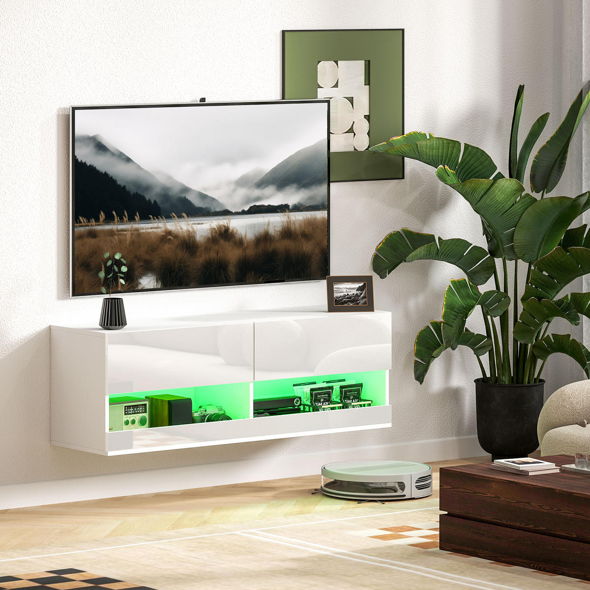 TV-HÄNGESCHRANK mit LED-Beleuchtung, TV-Schrank 120 x 35 x 40,5 cm Hochglanzweiß - Weiß, Holzwerkstoff (35/40.5/120cm) - HOMCOM