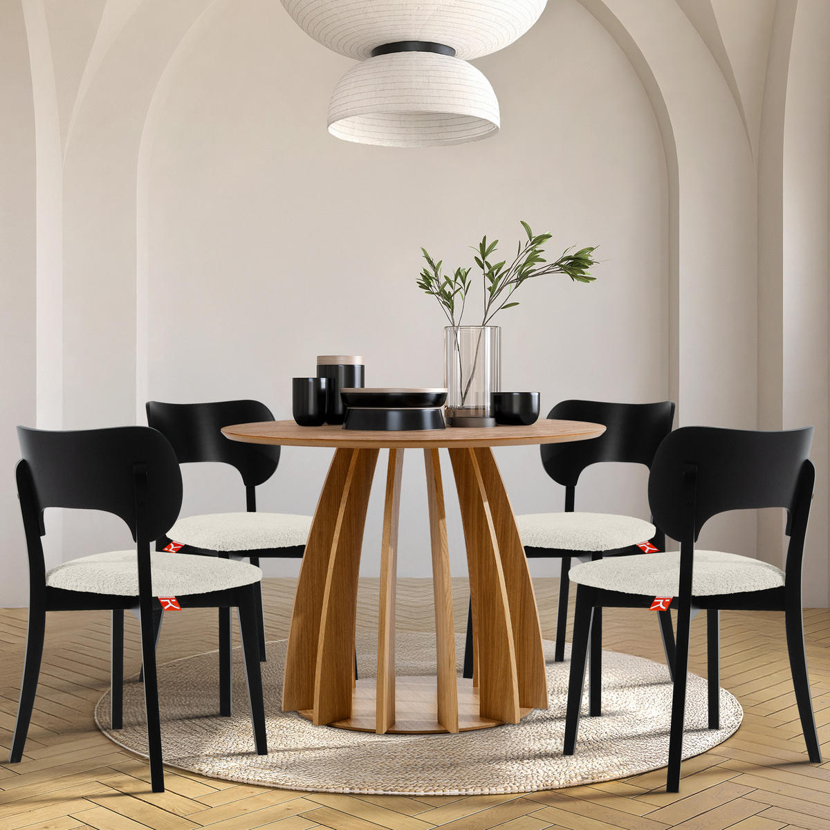 HOLZSTUHL LYCO Esstischstühl 2-er Set, Bouclé - Schwarz/Weiß, Holz/Textil (47/80.5/45cm) - KONSIMO®