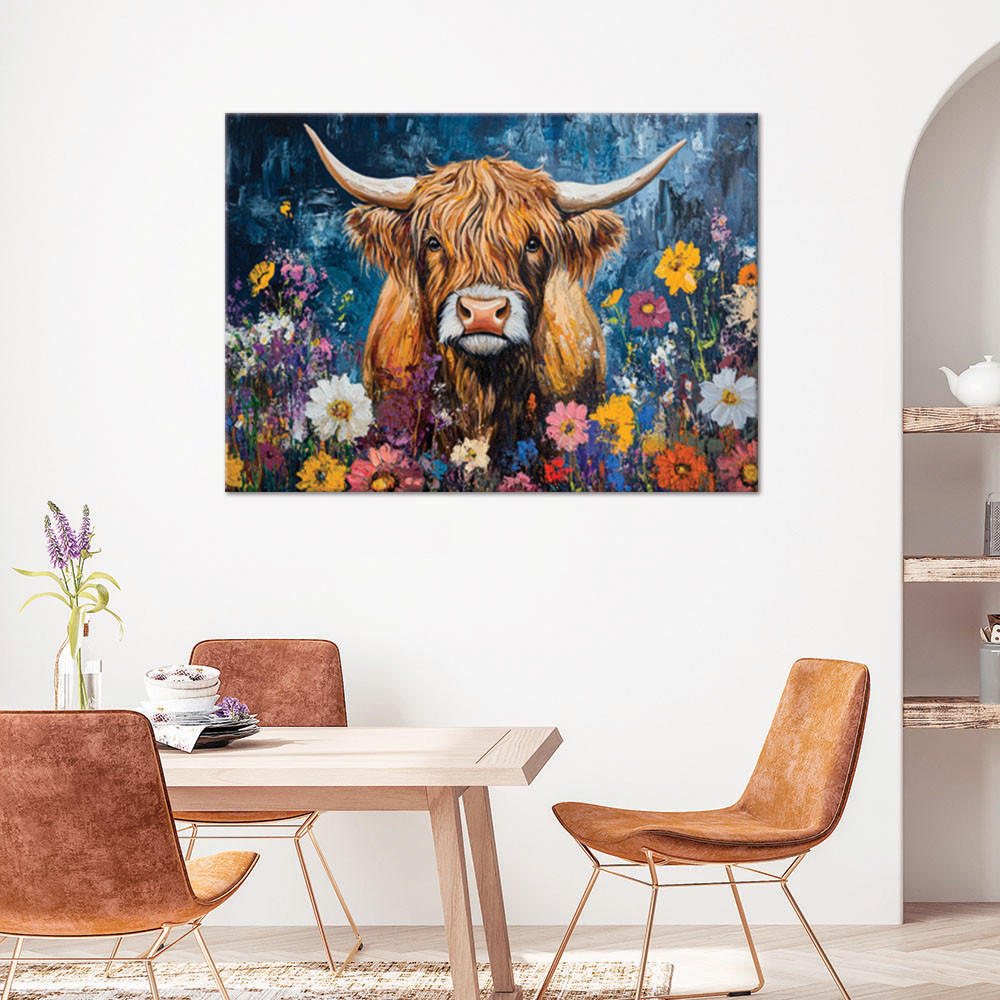WANDBILD schottische hochlandkuh abstrakt blumen - Multicolor, Textil (60/40cm) - Feeby