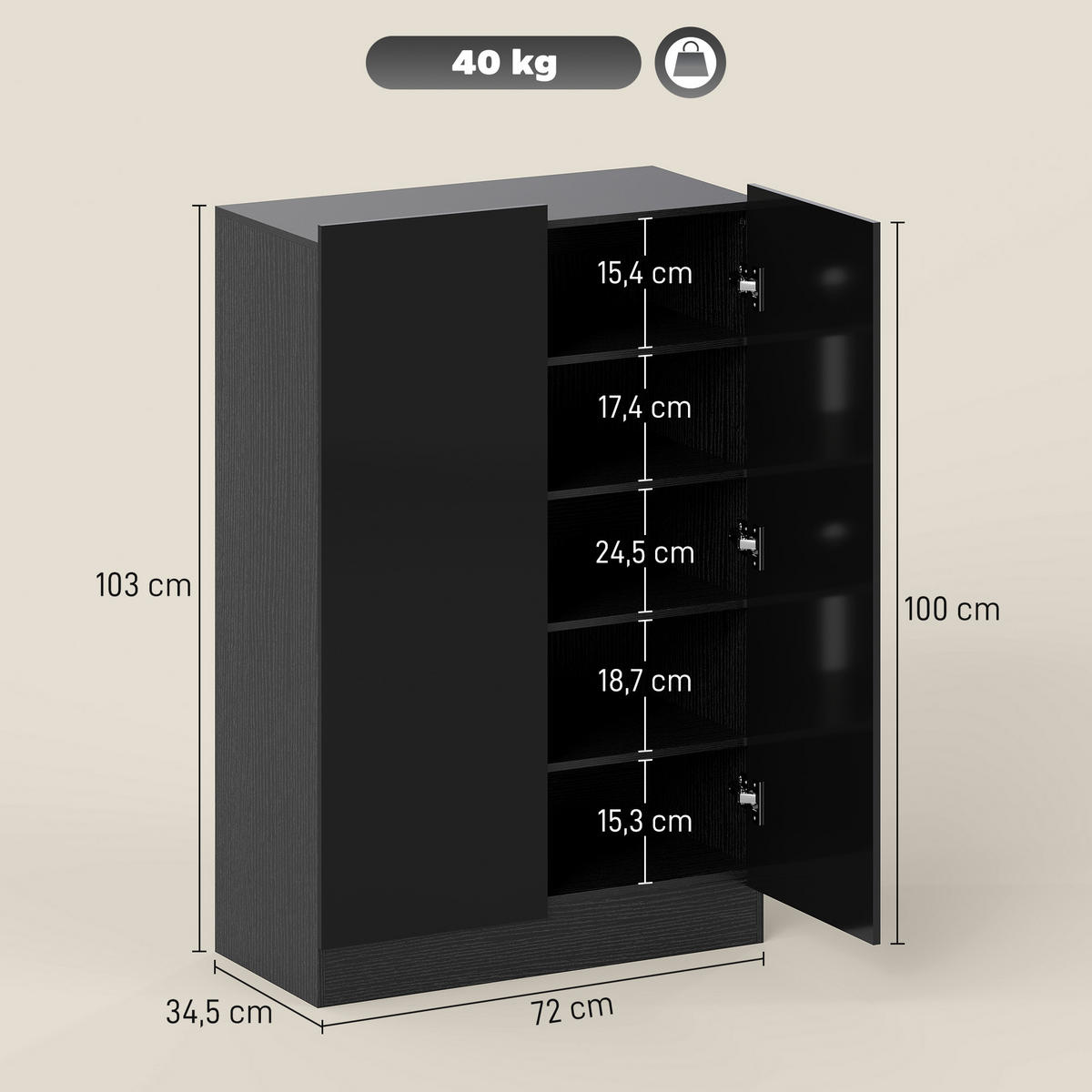 SCHUHSCHRANK,FÜR 20 Paar Hochglanz 5 Böden 72x34,5x103cm,schwarz - Schwarz, Holzwerkstoff (72/103/34.5cm) - Vallsero