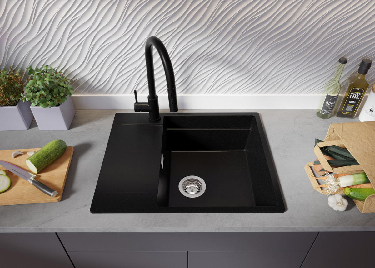 SPÜLBECKEN San Francisco, 2-er set Alles Schwarz 62/50 cm 1 Becken + Ablauf-Set + Aufrollbare Abtropffläche ab 50er Unterschrank - Schwarz, Kunststoff (62/20/50cm) - Primagran