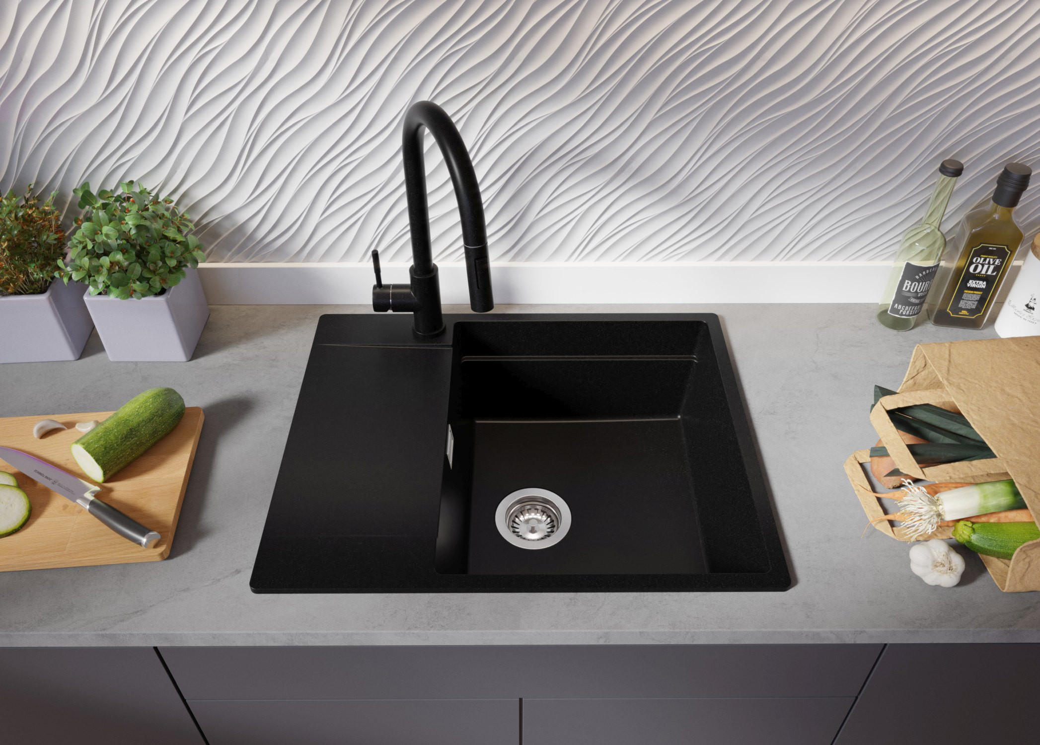 Thumbnail - Primagran Granitspüle, Schwarz, Chrom, Schwarz, Chrom, Kunststoff, Rechteckig, 62x20x50 cm, Küchen, Küchenausstattung, K...