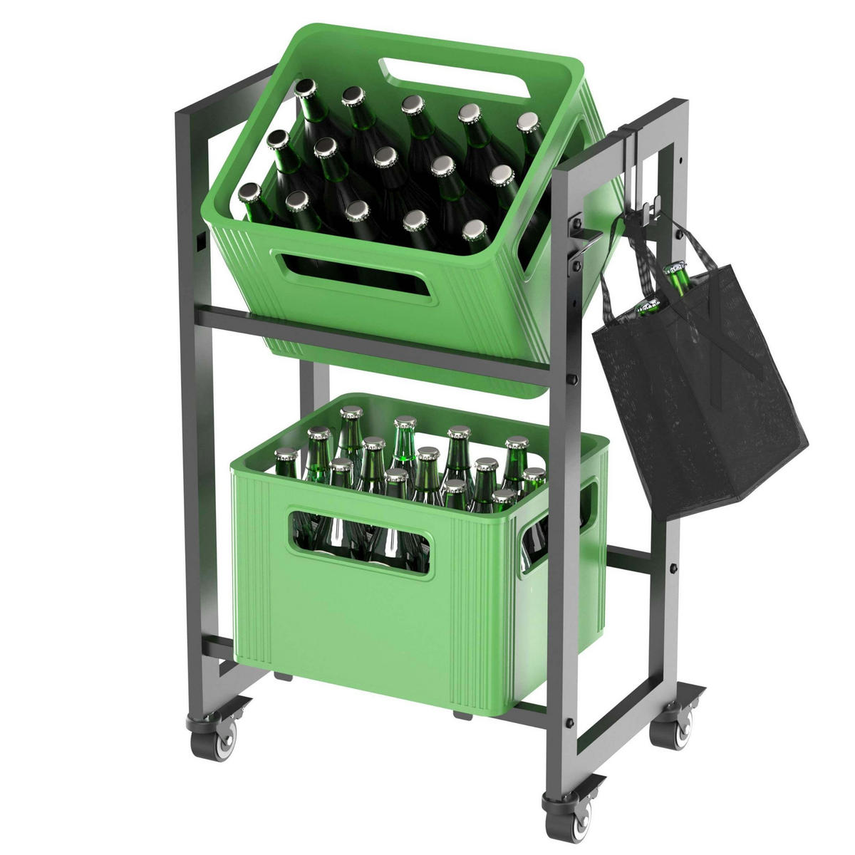 GETRÄNKEKISTENREGAL 2 Kisten mit Gitter Haken Rollen Schmal Metall Schwarz - Schwarz, Metall (50/82/32cm) - DanDiBo