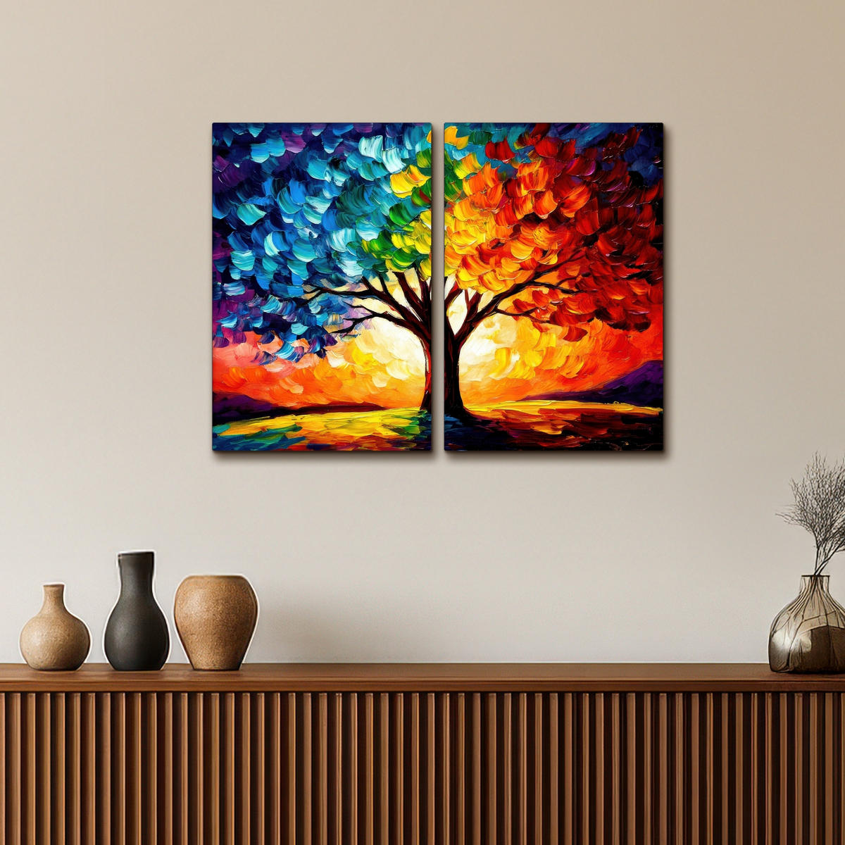 LEINWANDBILD 2er Set Baum - Farbenfroh - Malerei-Look - Abstrakt 80x60 cm - Multicolor, Textil (80/60cm) - MuchoWow