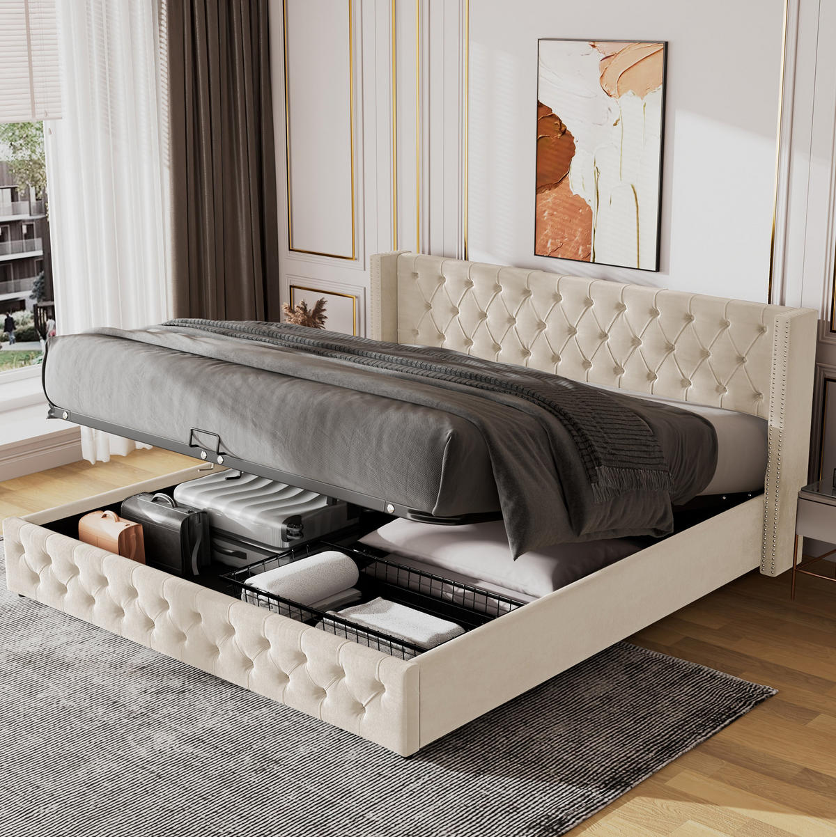 POLSTERBETT mit Bettkasten 160x200 cm Samt Beige - Beige, Metall (160/200cm) - Meubliv