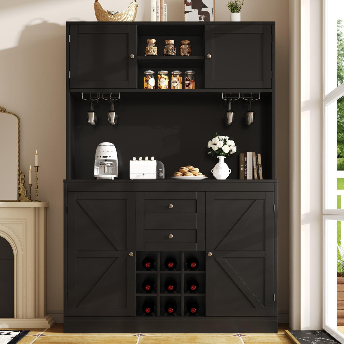 BUFFET 120/40/188 cm schwarz aus MDF mit Weinregal - Schwarz, Holzwerkstoff (120/188/40cm) - OKWISH