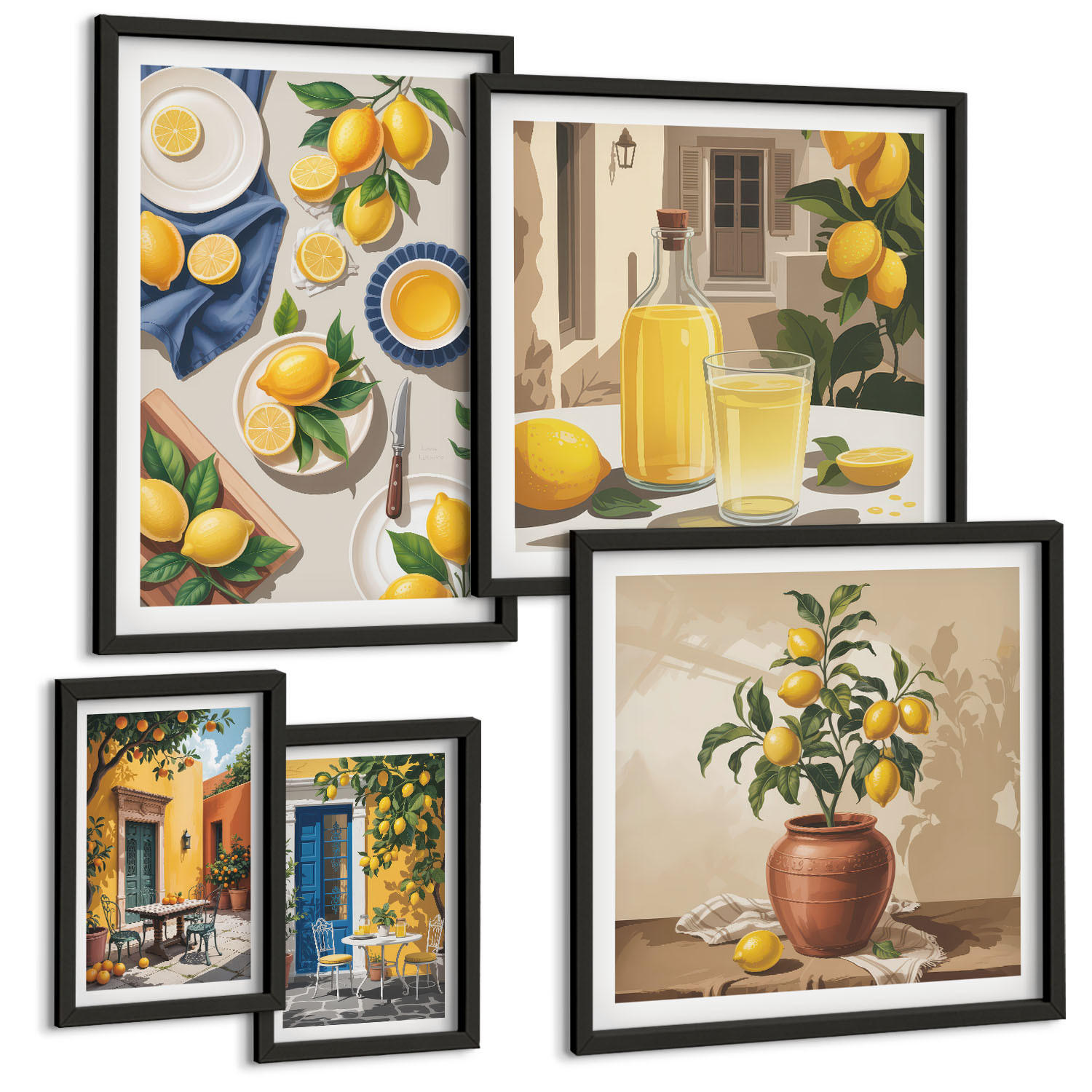 BILDER SET 5er Set - 50x50 cm & 20x30 cm & 40x60 cm Schwarzer Rahmen - Bunte Strandhäuser - Schwarz, Kunststoff (40/60cm) - TULUP