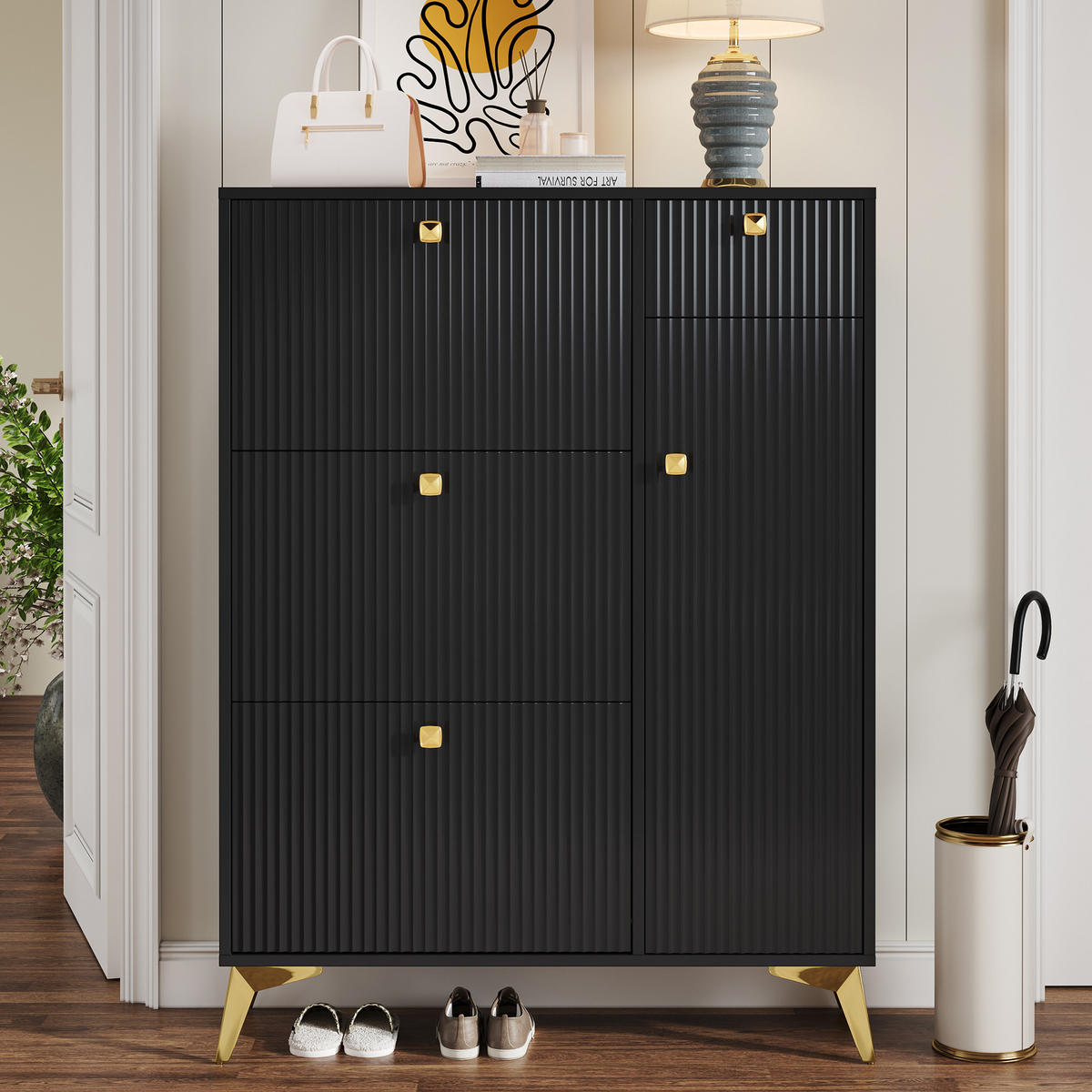 SCHUHSCHRANK aus Spanplatte 90x25x121cm in Schwarz mit Kippsicherung - Schwarz, Holzwerkstoff (90/121/25cm) - Modfu