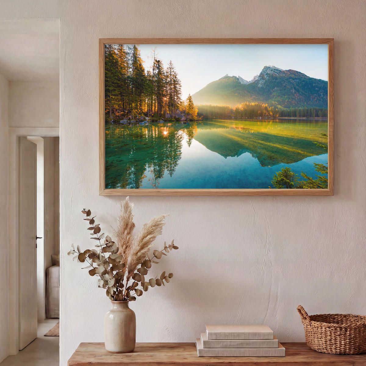 WANDLEUCHTE MIT AKKU See - Wald - Berge - Natur - Sonne - Landschaft 100x70 cm - Grün, Holzwerkstoff (100/70/8cm) - OnlyWow