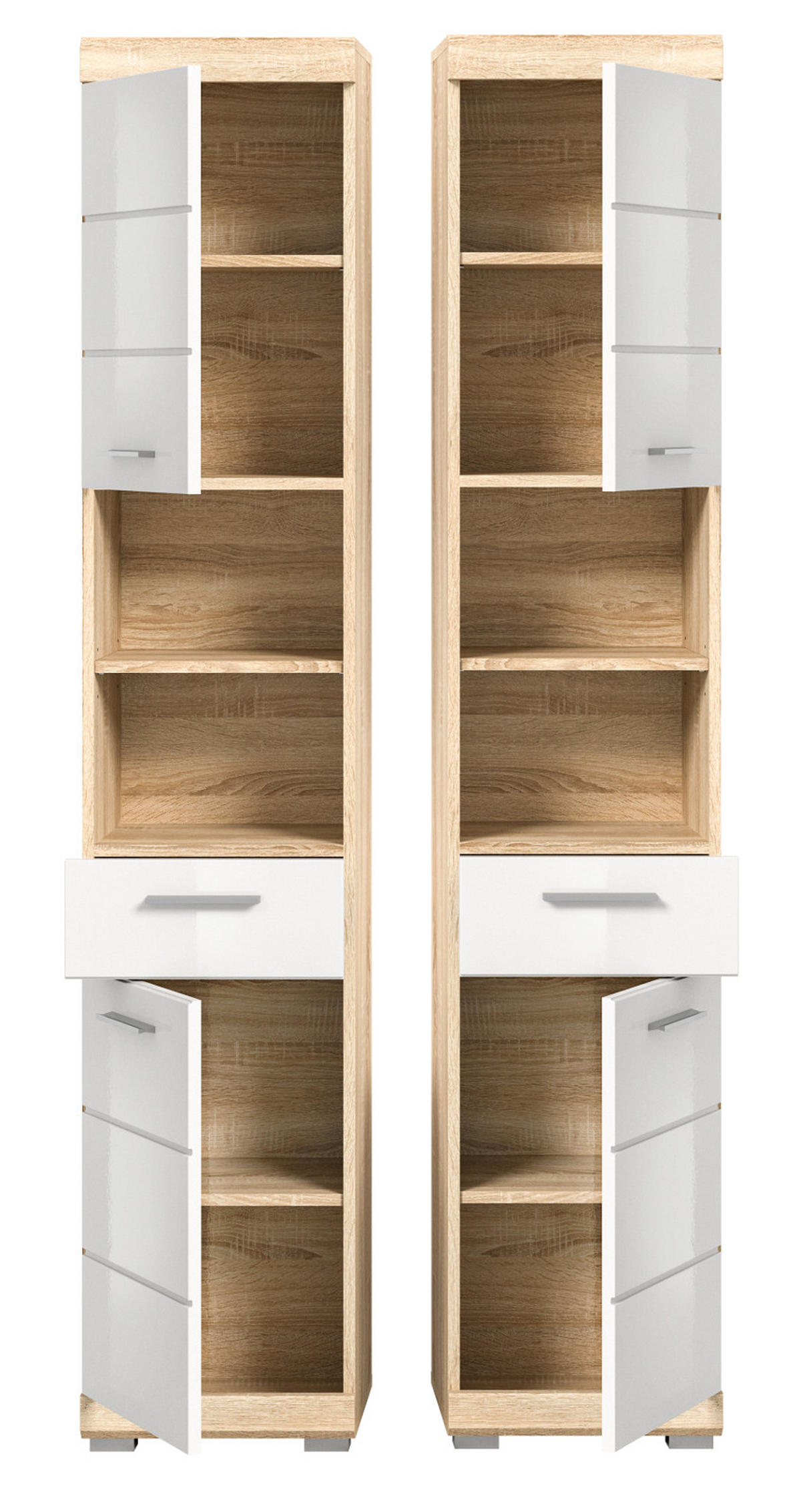 HOCHSCHRANK weiß Hochglanz, Eiche 37 cm, Badschrank mit 6 Fächern - Weiß Hochglanz/Eichefarben, Holzwerkstoff/Kunststoff (37/191/31cm) - Inn.Furn