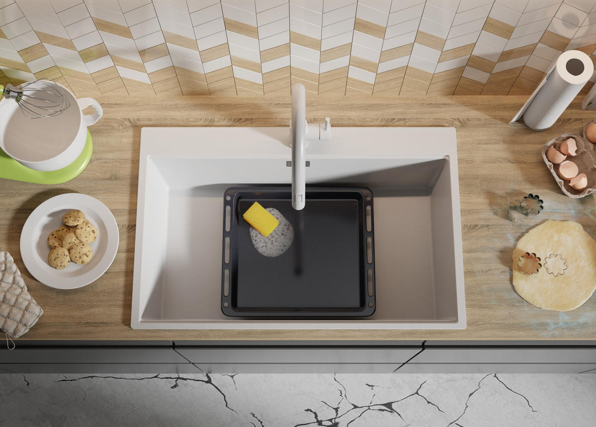 SPÜLBECKEN Oslo, 2-er set Weiß 78/50 cm 1 Becken + Ablauf-Set + Schneidebrett ab 80er Unterschrank - Chromfarben/Beige, Kunststoff (78/20/50cm) - Primagran