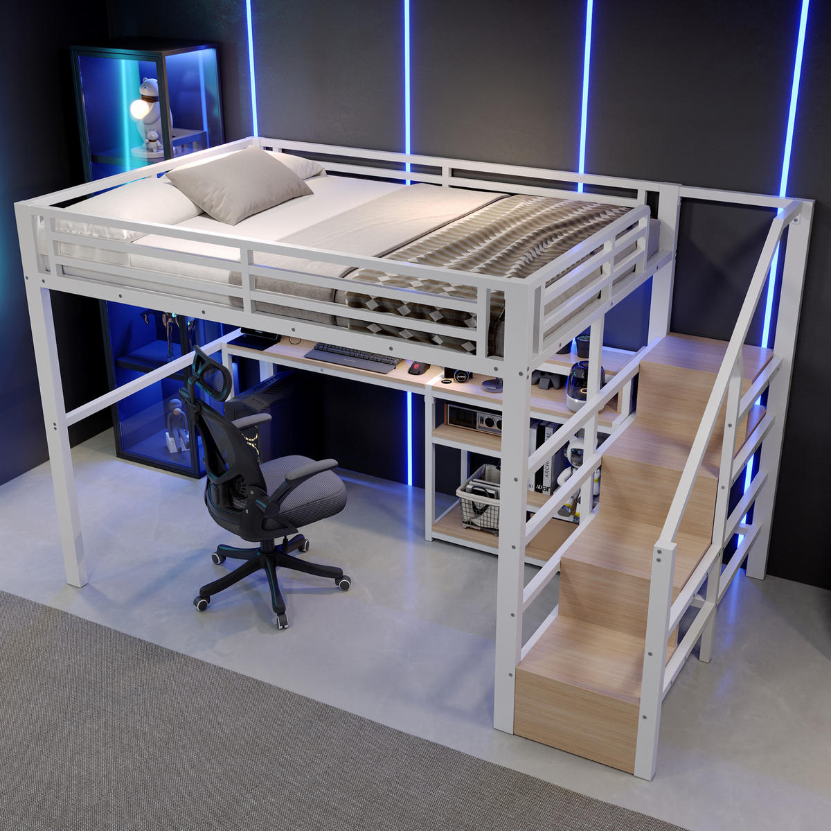 HOCHBETT MDF Metall 140x200 cm Weiß mit Leiterschrank, USB + Typ-C und LED-Lichtleiste - Weiß, Holzwerkstoff (140/200cm) - Modfu