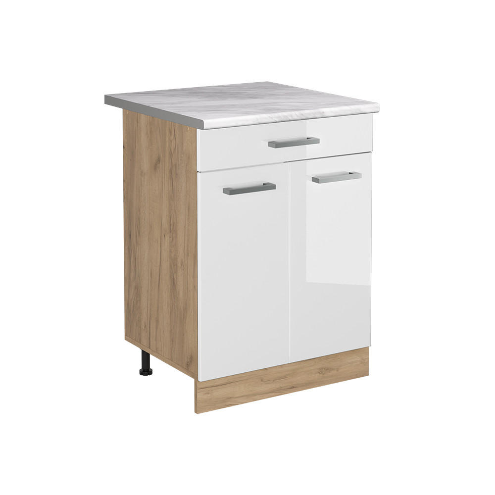KÖKSUNDERSKÅP R-Line, Vit högblank/Goldkraft ek, 60 cm med låda Marmuras stalviršis Vit högglans, Honungsek 81.6/60/60 cm