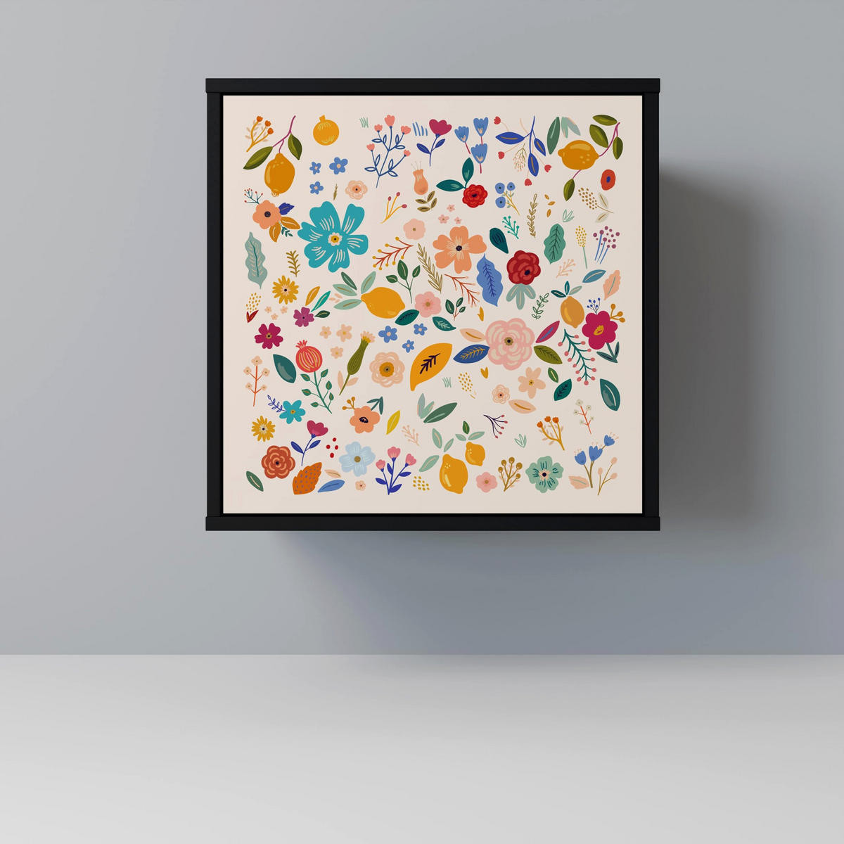 SIDEBOARD FLORAL COMBINATION, Schwarz, 57,5x42x67,5 cm, Schwarze Metall-Rahmenfüße - Multicolor/Schwarz, Holzwerkstoff/Metall (57.5/67.5/42cm) - SpaceRebels