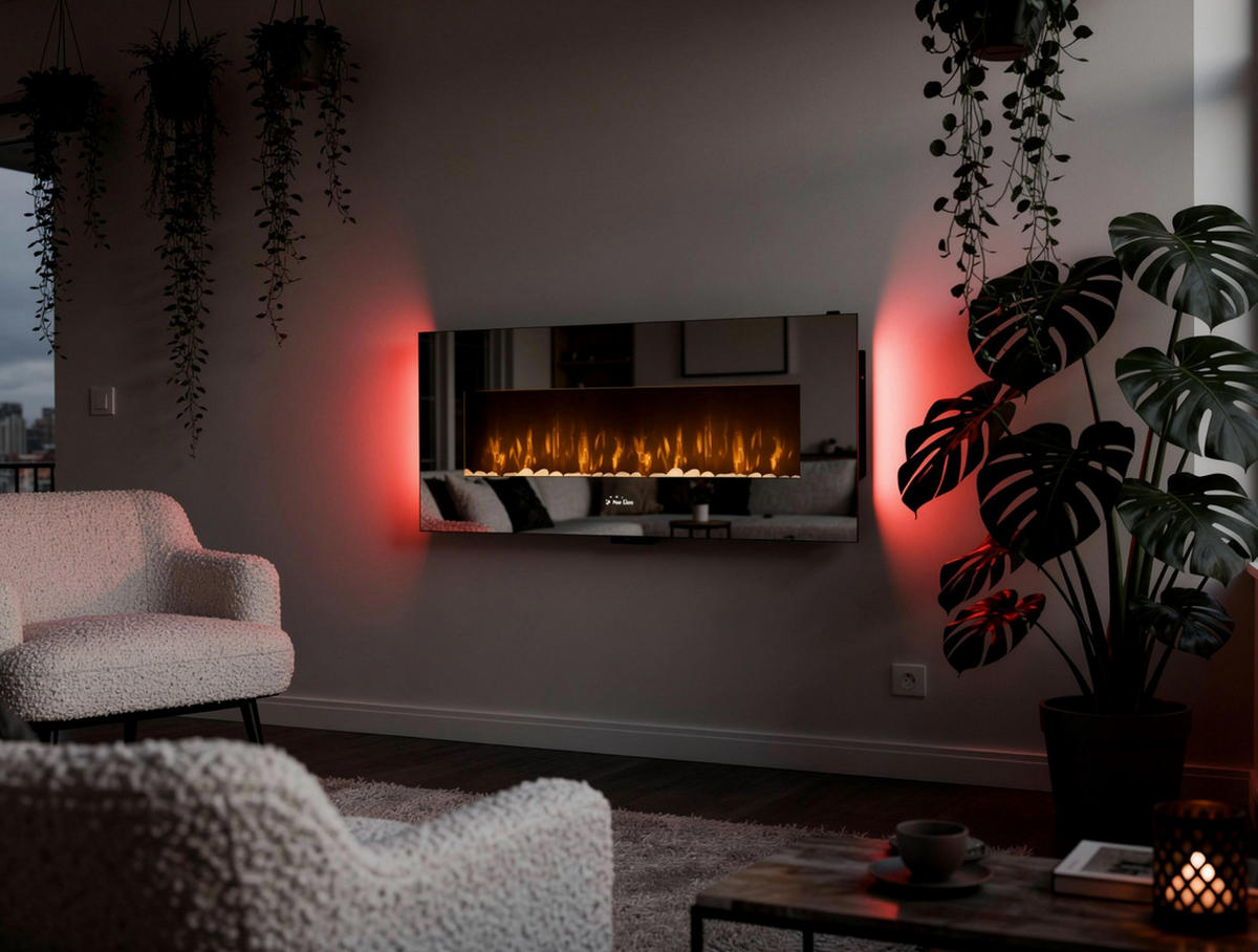 ELEKTROKAMIN Silber Wandmodell mit Heizung 2000 W - Silberfarben, Glas (140/56/11cm) - Purline