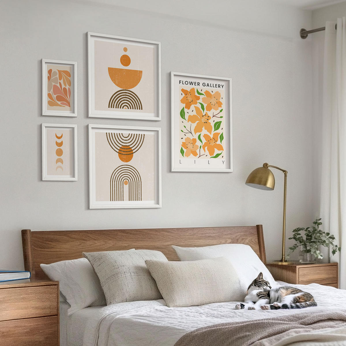BILDER SET 5er Set - 50x50 cm & 20x30 cm & 40x60 cm Weißer Rahmen - Abstrakte orange Formen - Weiß, Kunststoff (40/60cm) - TULUP