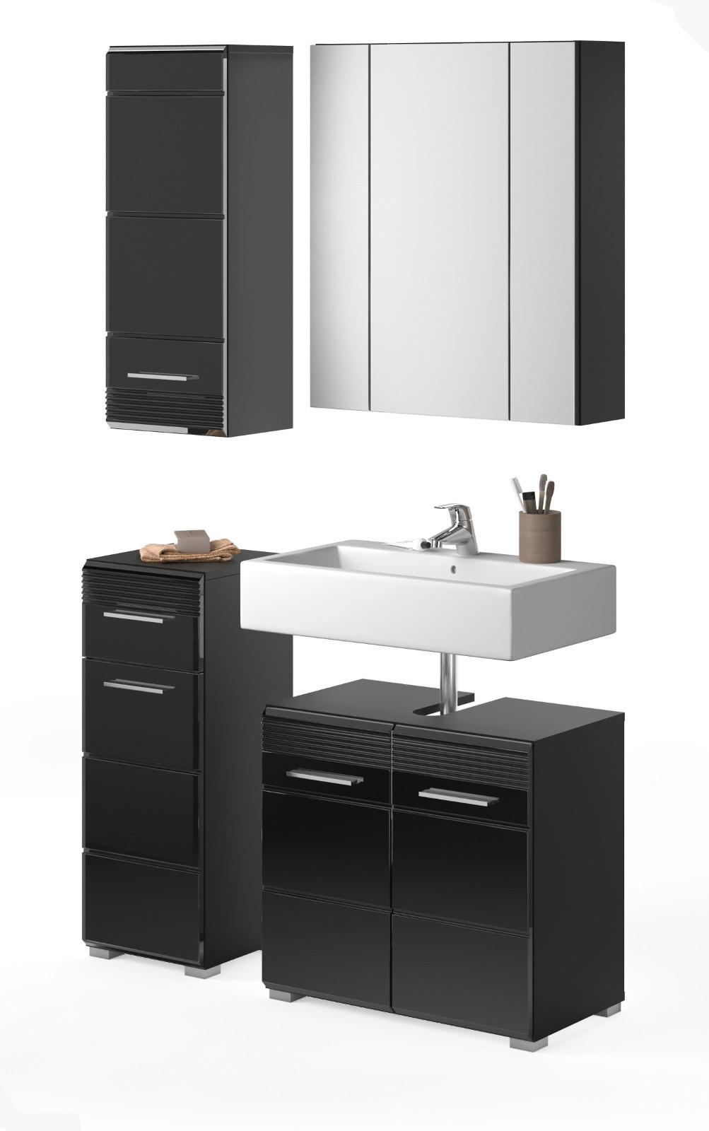 BADMÖBEL-SET schwarz Hochglanz 4-teilig 105 cm - Schwarz, Holzwerkstoff (105/182/34cm) - Inn.Furn