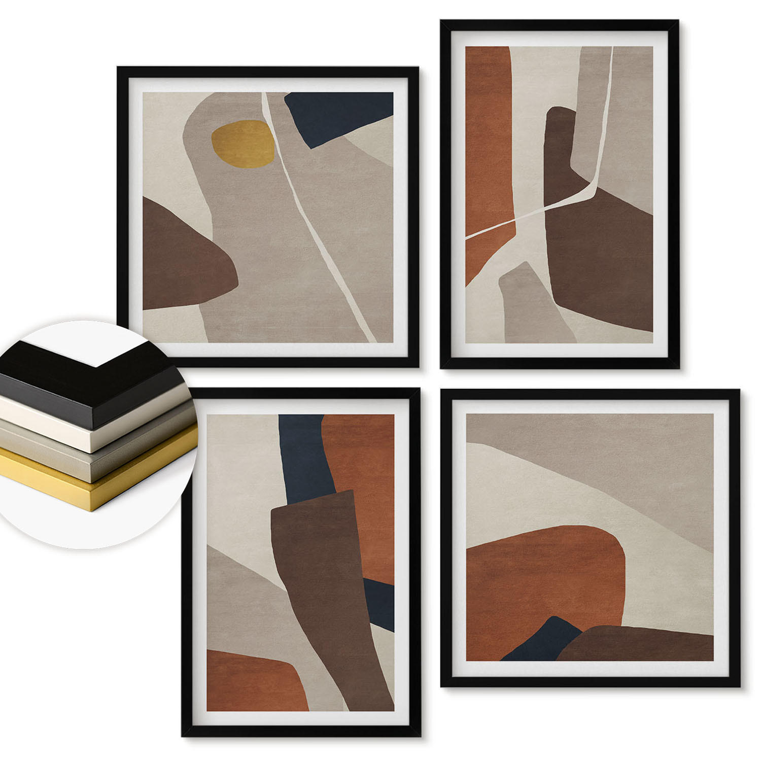 WANDBILDER 4er-Set - 50x50 cm & 40x60 cm Schwarzer Rahmen - Abstrakte moderne Formen - Schwarz, Kunststoff (50/50cm) - ArtPrintCave