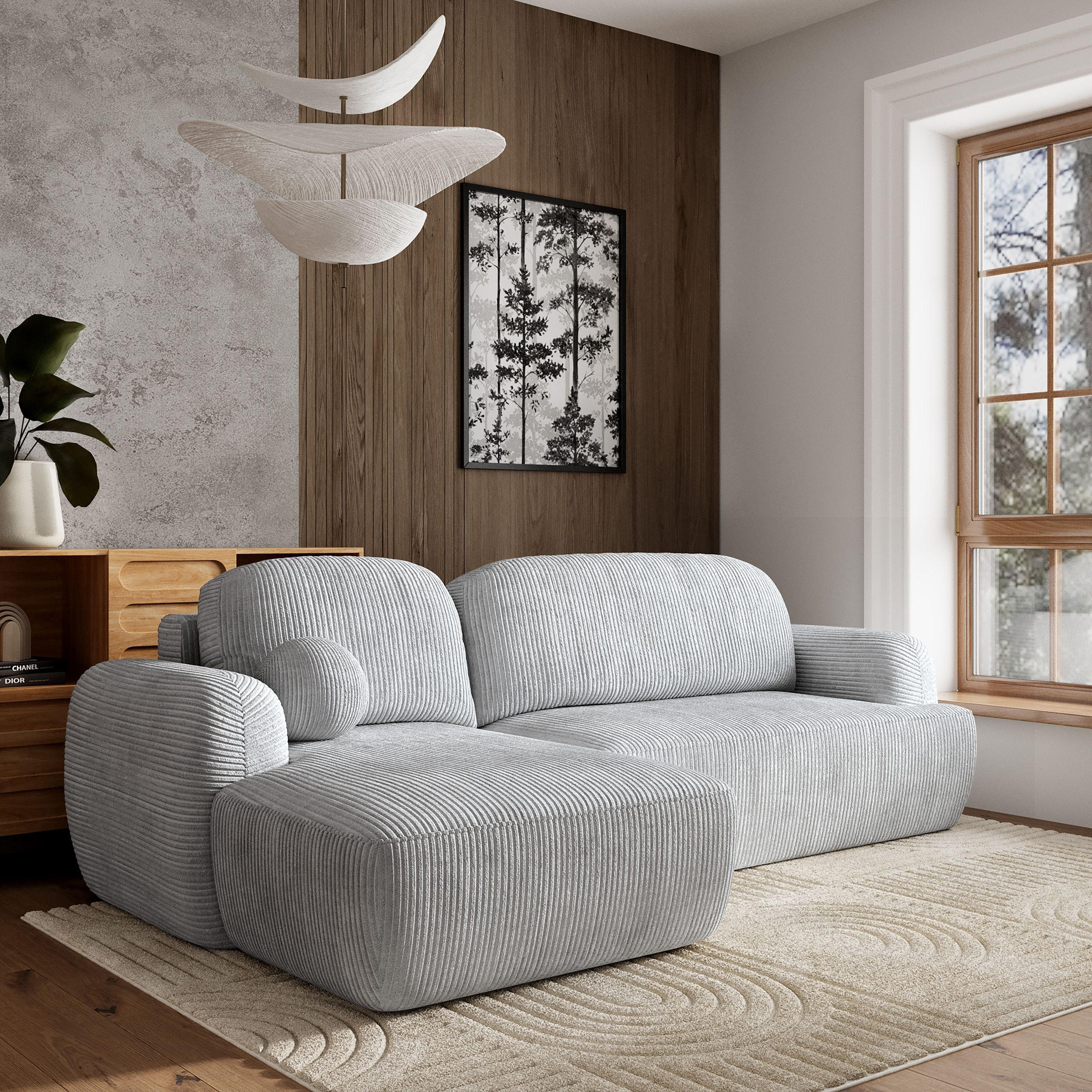 ECKSOFA MODENZA P L-S Hellgrau Kordstoff mit Schlaffunktion - Hellgrau, Holz (266/148cm) - MASSENO