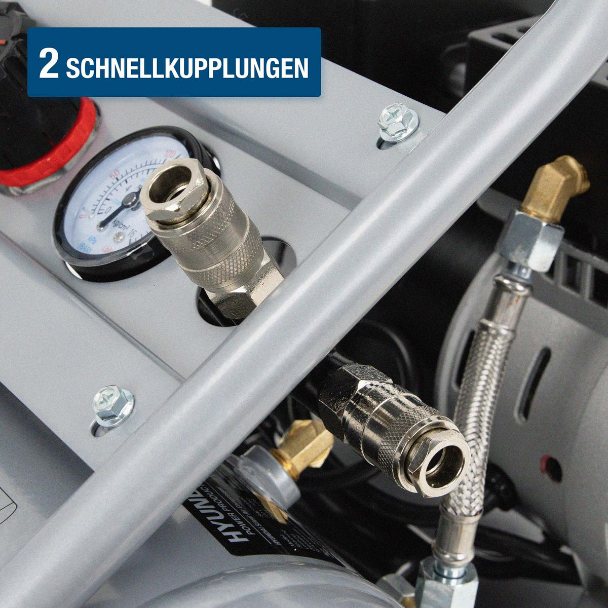 SILENT Kompressor SAC75008 (9 bar, 8L, tragbar, ÖLFREI, 49 dB, 750 W / 1 PS) - Silberfarben, Metall (41/41/35cm) - HYUNDAI