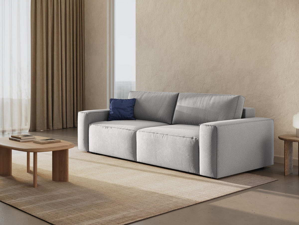 SOFA ausklappbar mit Bettkasten Jodie aus strukturiertem Stoff hellgrau 3 Sitzplätze - Hellgrau, Textil (107/86/247cm) - Micadoni