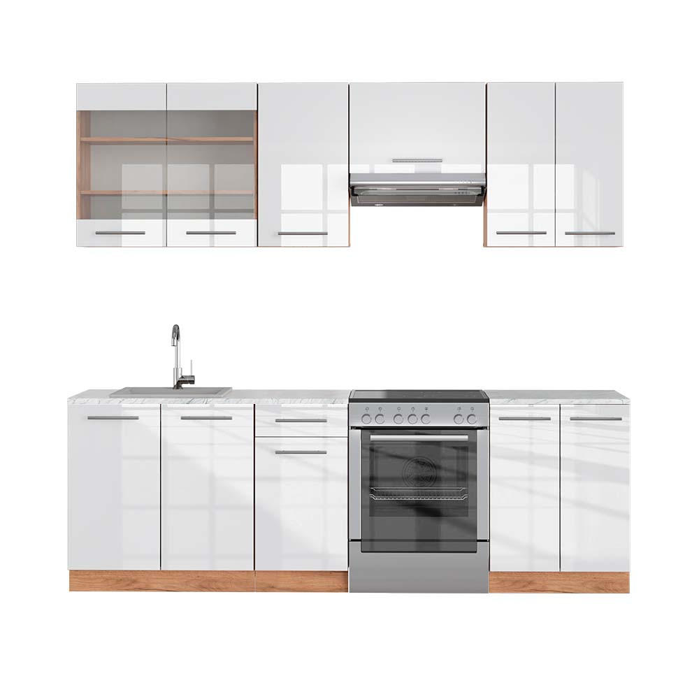 KÜCHENZEILE Fame-Line Weiß Hochglanz/Goldkraft Eiche 240 cm AP Marmor - Honigeiche/Weiß Hochglanz, Holzwerkstoff (240/81.6/60cm) - Vicco