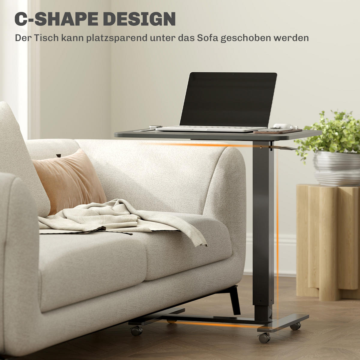 STEHPULT Höhenverstellbar C-förmig Schreibtisch mit 4 Rollen 65x48x70-110cm - Schwarz, Holzwerkstoff/Metall (65/48/110cm) - HOMCOM