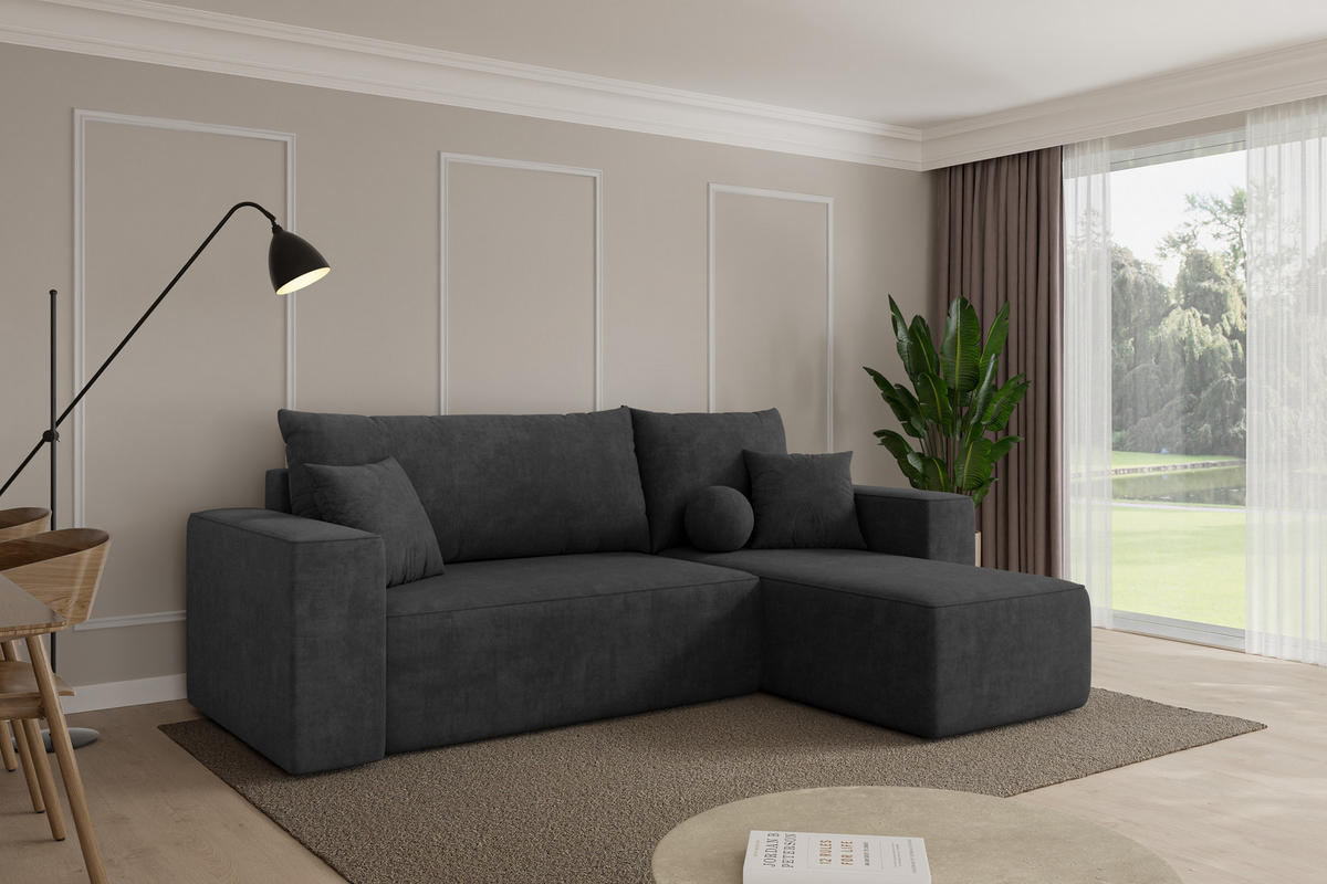 ROHOVÁ SEDAČKA s funkcí spaní, otoman vpravo SENO-L 249x139x85 tmavě šedá velur - černá/antracitová, kompozitní dřevo/textil (249/139cm) - ALTDECOR