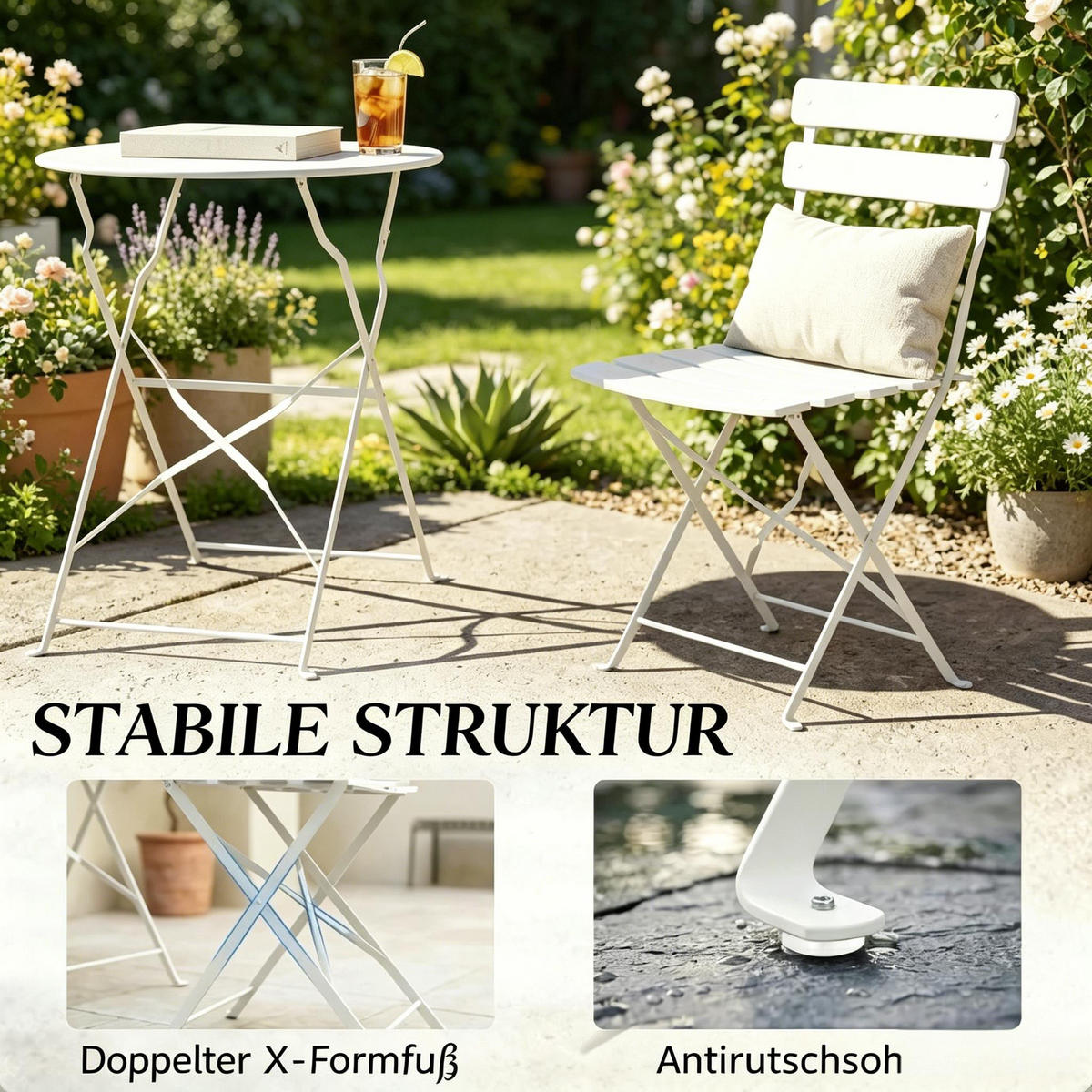 GARTENMÖBEL,1 Esstisch+2 Stühle - Weiß, Metall - Vallsero
