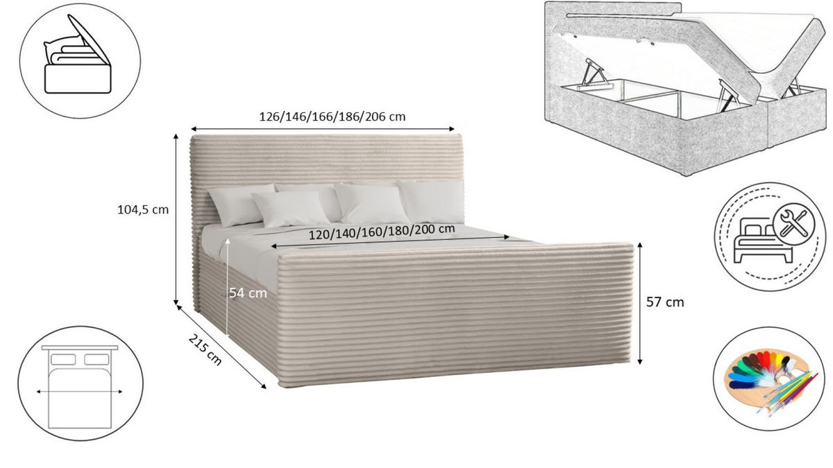 BOXBETT Mit Bettkasten Und Topper TRENTO Stoff Plüsch Cord 180x200 cm Ecru H2-Pocket - Ecru, Holz/Textil (180/200cm) - Kaiser Möbel
