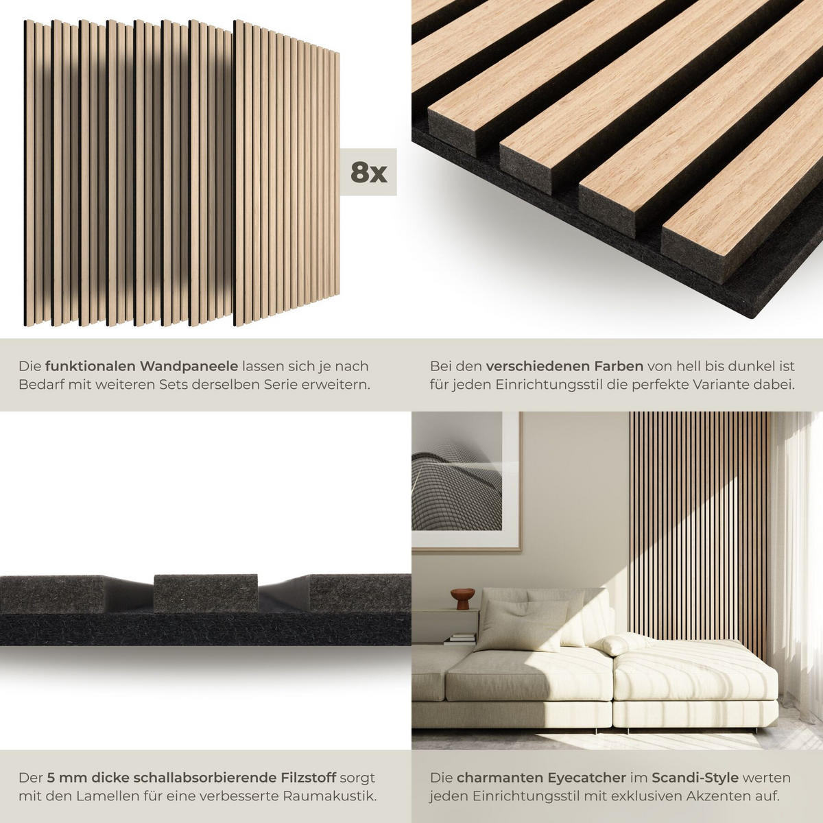AKUSTIKPANEELE 8er Set Sonic Wall Iv, je 110 x 50 x 1,1 cm, Größe flexibel anpassbar, Eiche hell - Eichefarben, Holz (50/1.1/110cm) - tectake