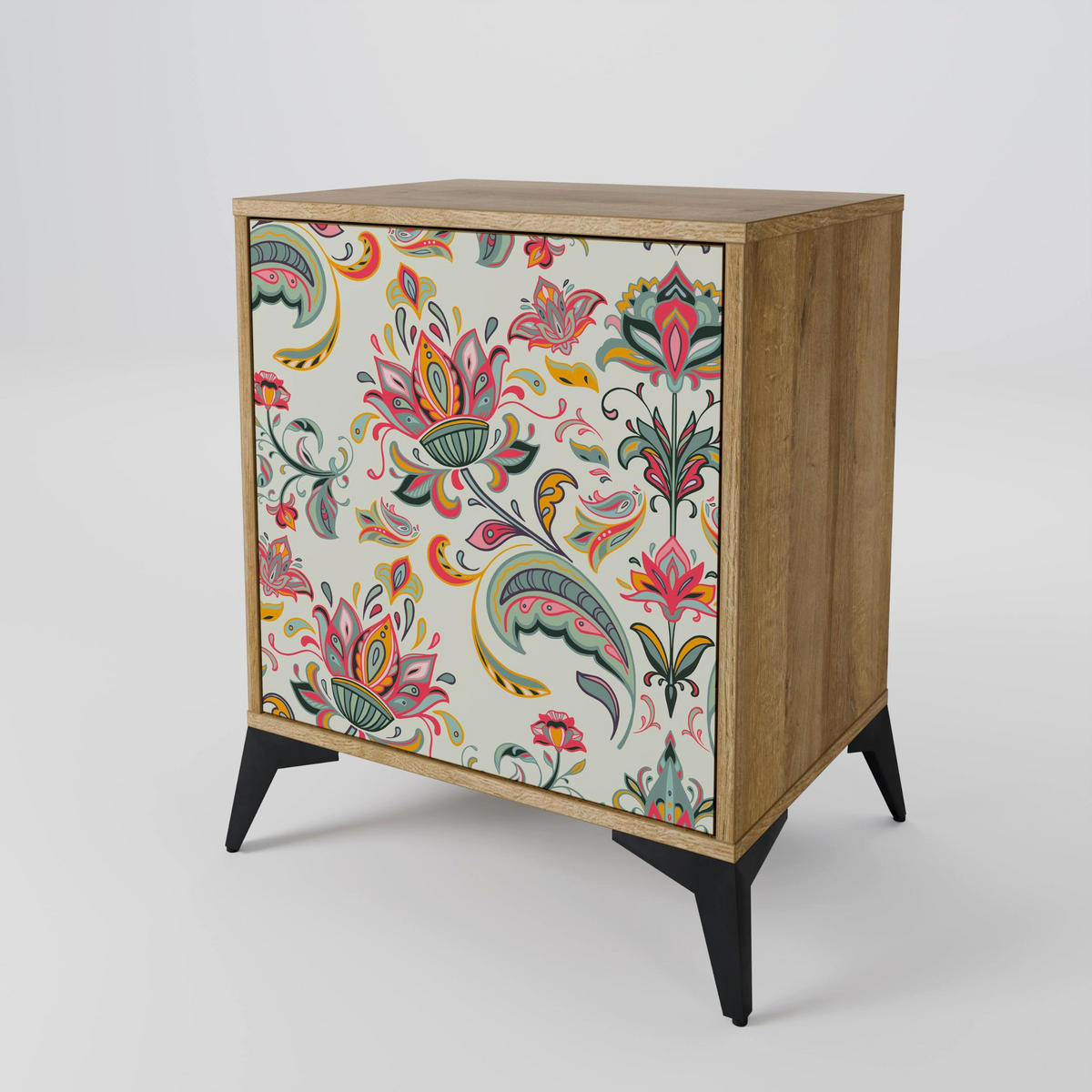 SIDEBOARD ORGANIC FOLKLORE, Eichefarben, 57,5x42x72,5 cm, Schwarze Metallfüße - Eichefarben/Multicolor, Holzwerkstoff/Metall (57.5/72.5/42cm) - SpaceRebels