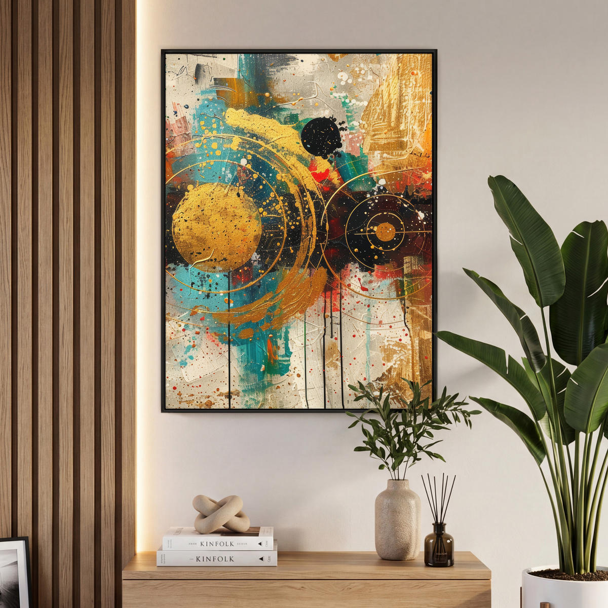 LEINWAND Bilder mit Rahmen - Abstrakt - Kunst - Gold - Modern - 70x100 - Multicolor, Textil (70/100cm) - MuchoWow