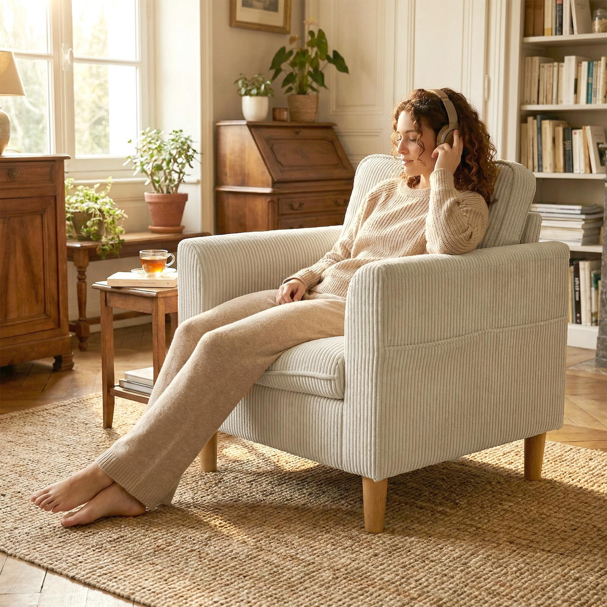 SESSEL DE-13500 1-Sitzer mit Federkern, Kordelsamt Beige - Beige, Textil (74/87/83cm) - ComfortXL