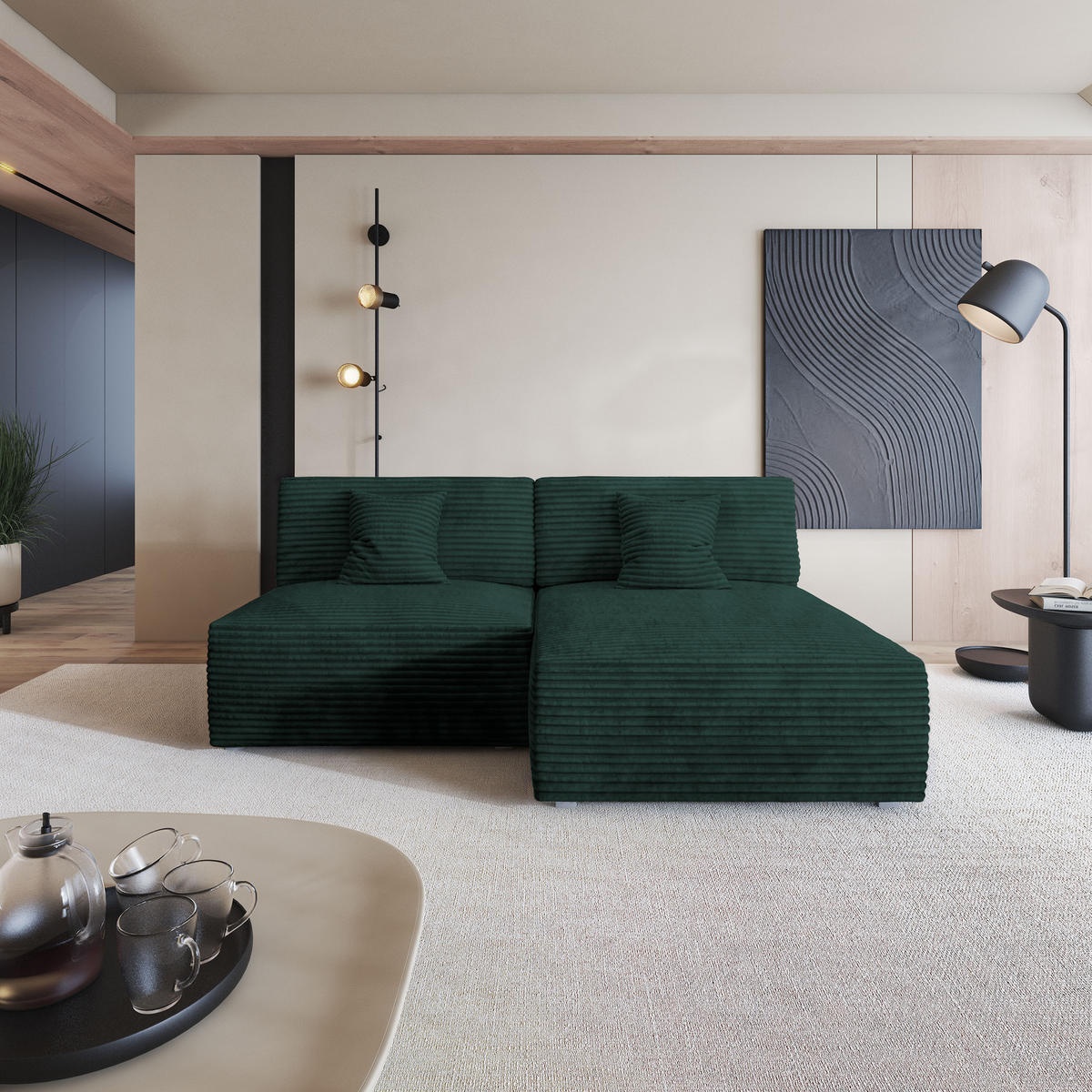 ECKSOFA FIORO Grün Kordstoff mit Schlaffunktion - Grün, Holz (204/148cm) - MASSENO