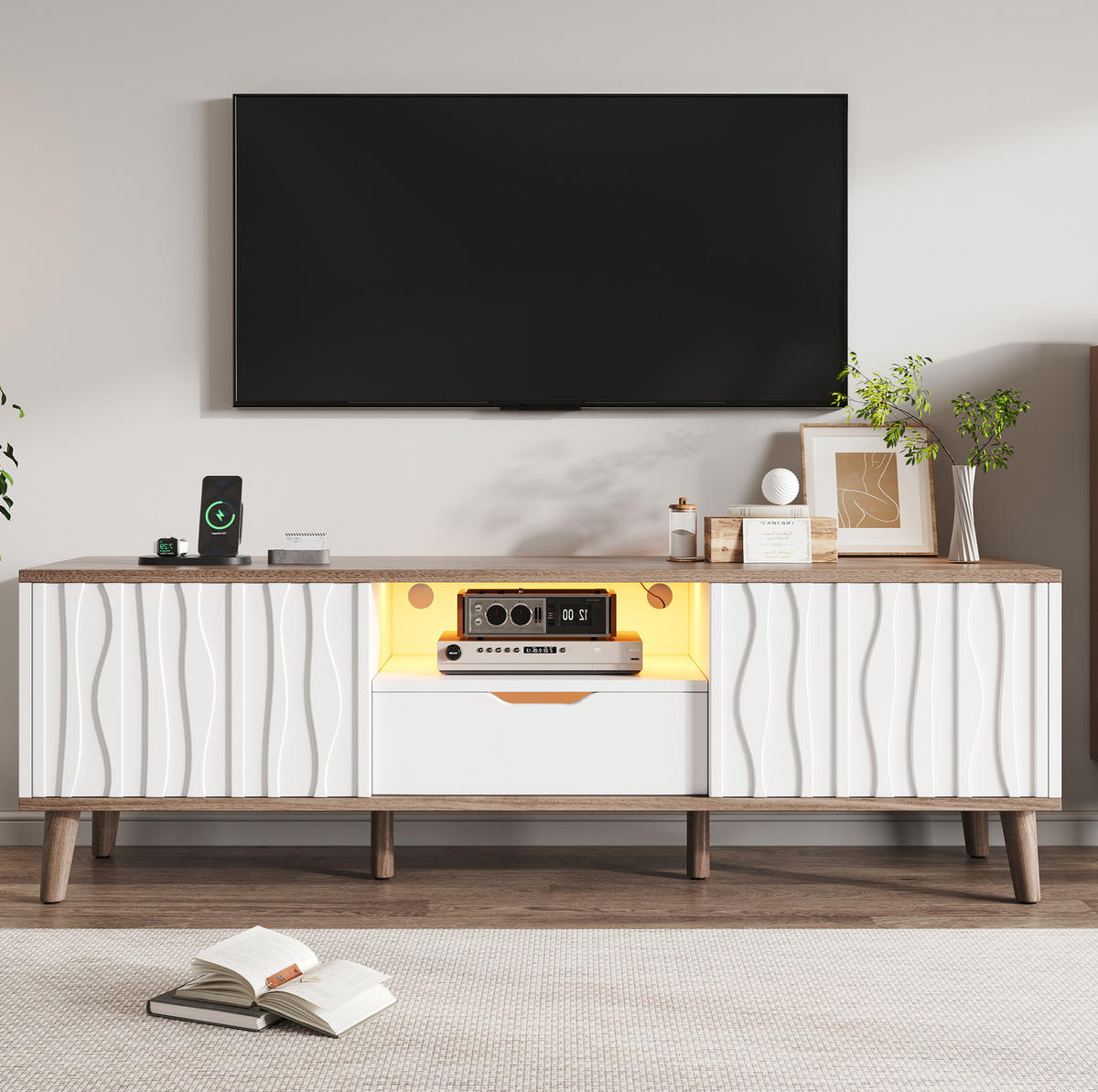TV-ELEMENT mit LED-Beleuchtung 160 x 40 x 52 cm Weiß Deep Walnut - Weiß, Holzwerkstoff (40/52/160cm) - Beauniv