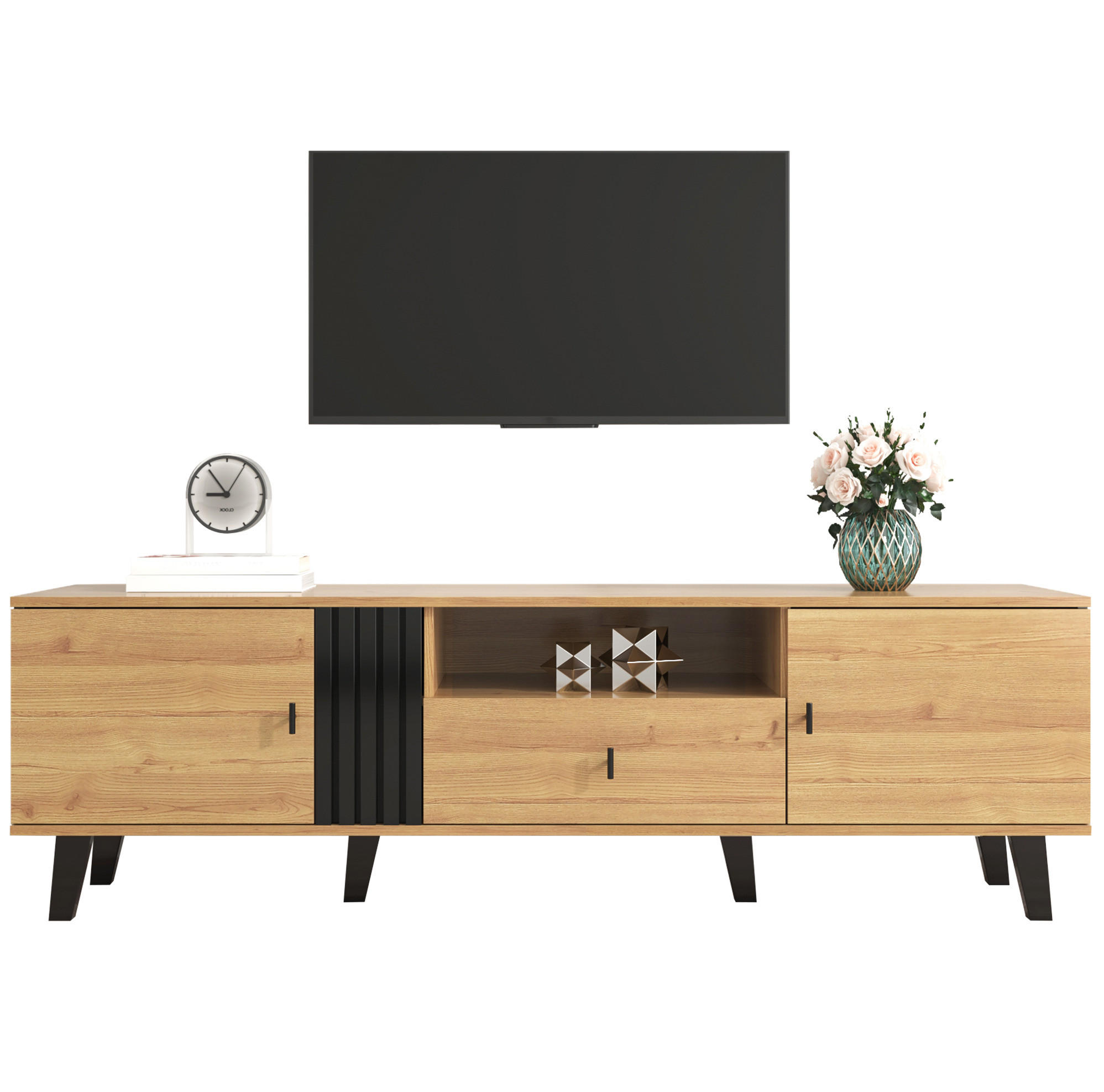 Modfu TV stolek z dřevotřísky a skla 170x40x50,5 cm přírodní/černá se 2 dvířky, zásuvkou a otevřenou přihrádkou