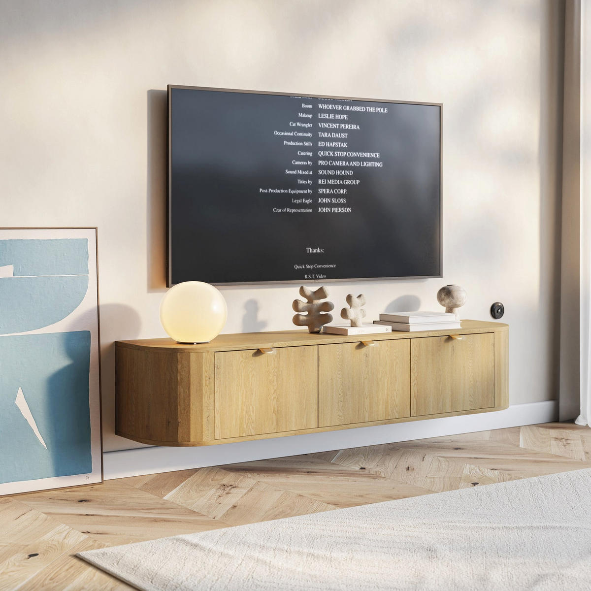 TV stolek Coru závěsný se 3 výklopnými dvířky, 175cm - zlatá/barva dubu, kov/kompozitní dřevo (175.4/35/39.1cm) - Selsey