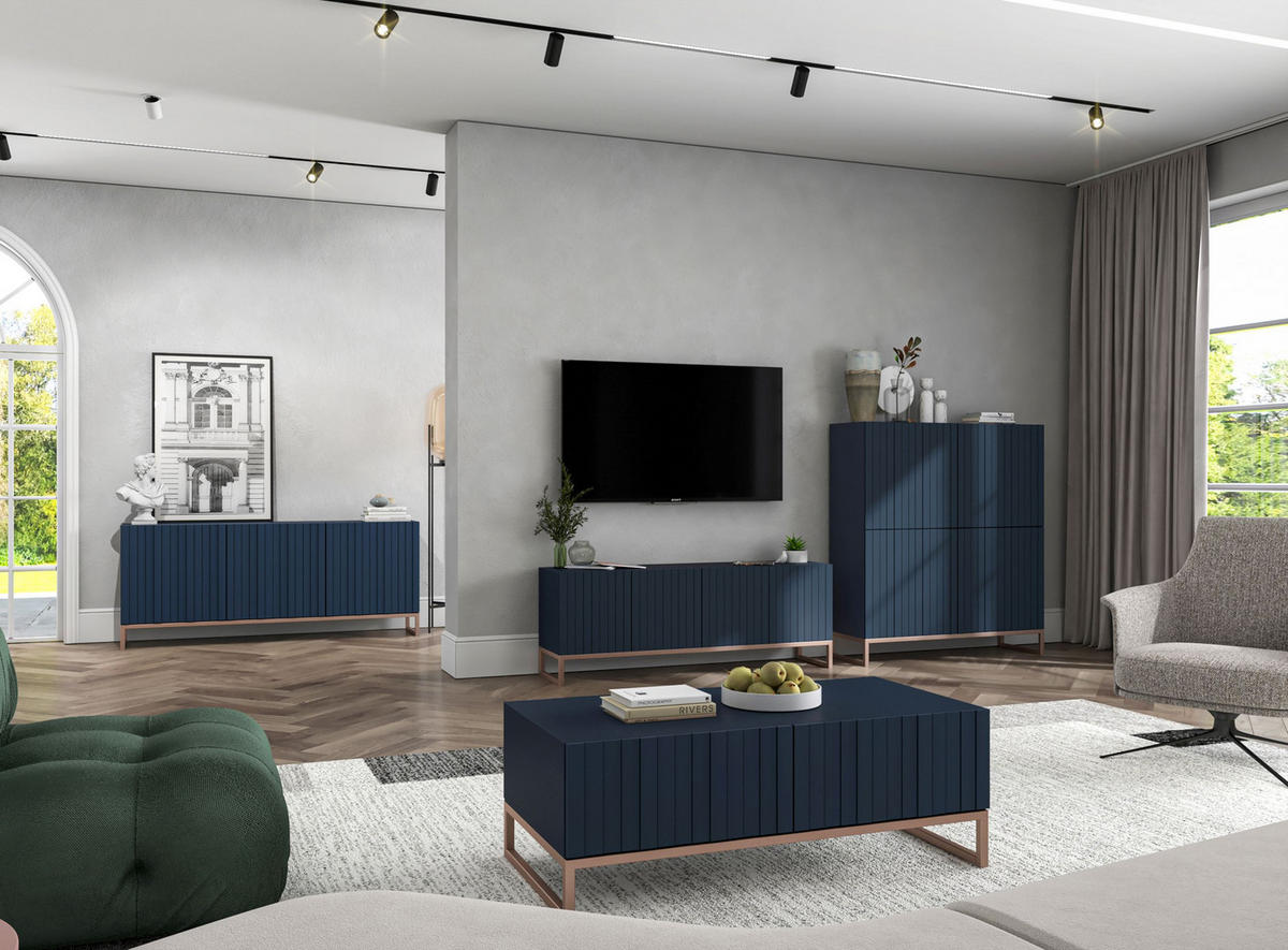 COUCHTISCH Elpis Marineblau matt Glamour 110 cm - Blau/Kupferfarben, Holzwerkstoff/Metall (54/110/39cm) - Meble Lindner