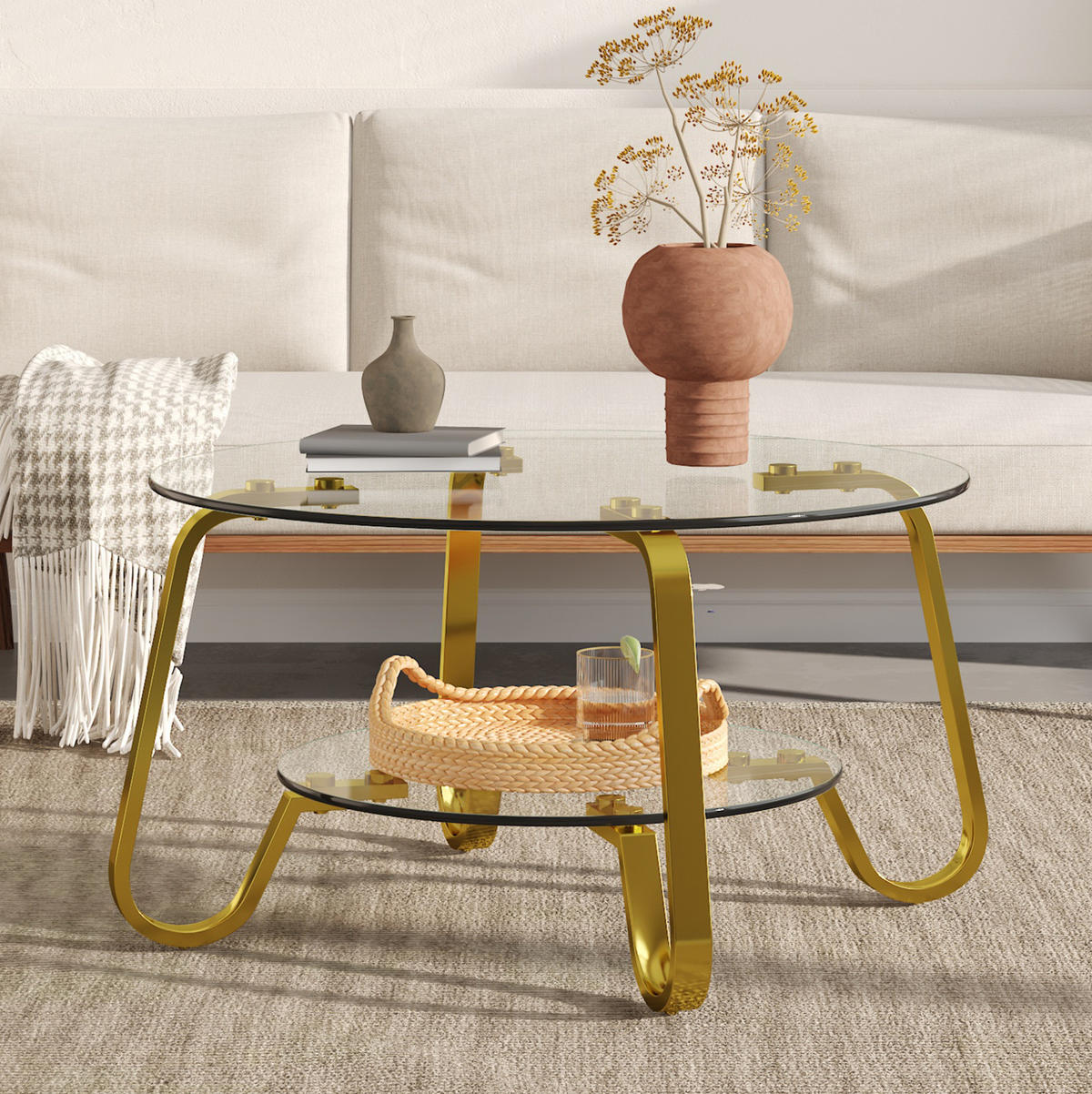 COUCHTISCH aus Metall und Sicherheitsglas in Gold mit 2 Ebenen - Goldfarben, Metall (80/80/45cm) - Modfu