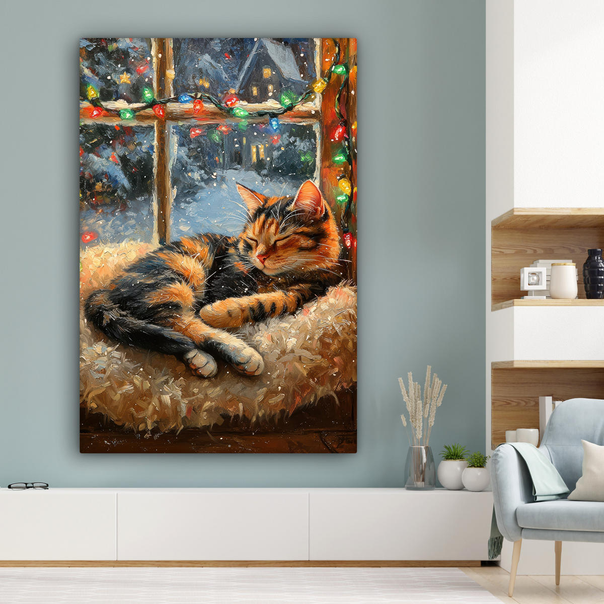 LEINWANDBILD Katze - Weihnachten - Winter - Tier Deko Groß 90x140 cm - Bernsteinfarben, Textil (90/140cm) - MuchoWow