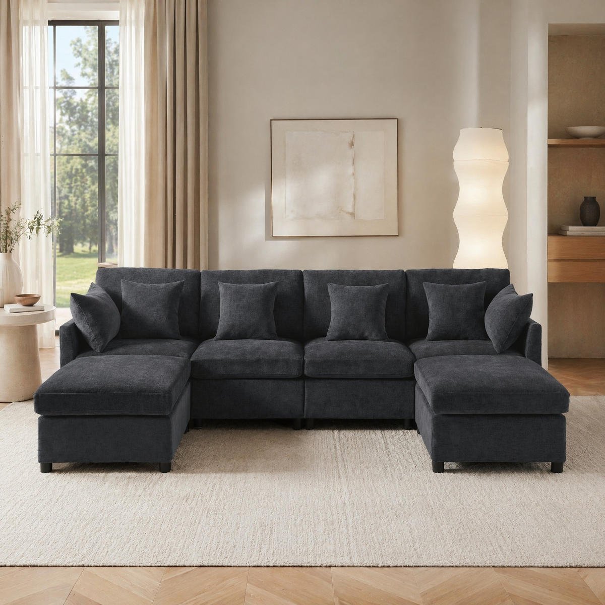 ECKSOFA mit 2 Hockern, 6 Kissen und modularer Gestaltung aus Chenille - Grün, Textil (278/161cm) - EVRYAE
