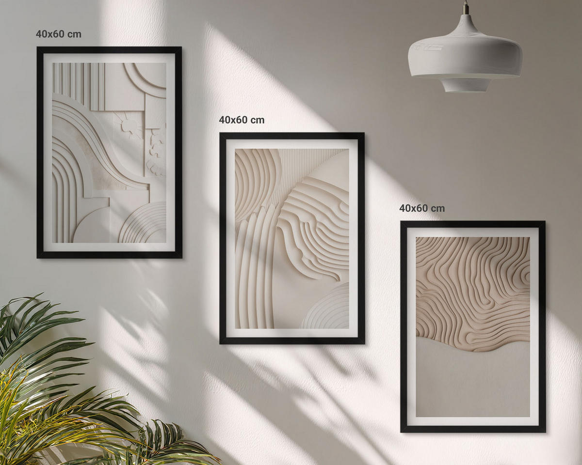 BILDER SET 3er Set - 40x60 cm Schwarzer Rahmen - Abstrakte Muster beige weiß - Schwarz, Kunststoff (40/60cm) - TULUP