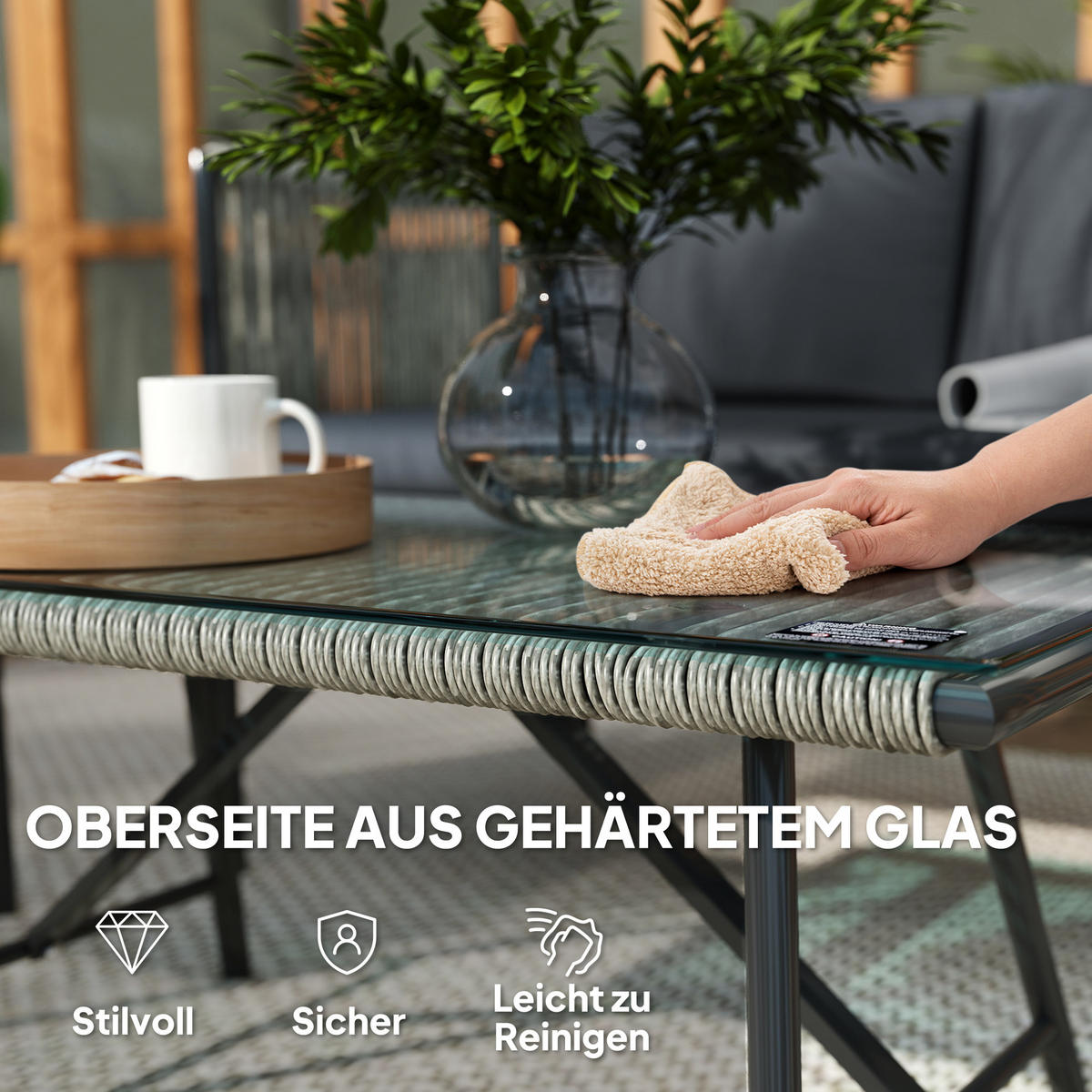 GARTENMÖBEL-SET DE-06725 4-teilig mit Glasplatte Grau - Grau, Kunststoff/Metall - ComfortXL
