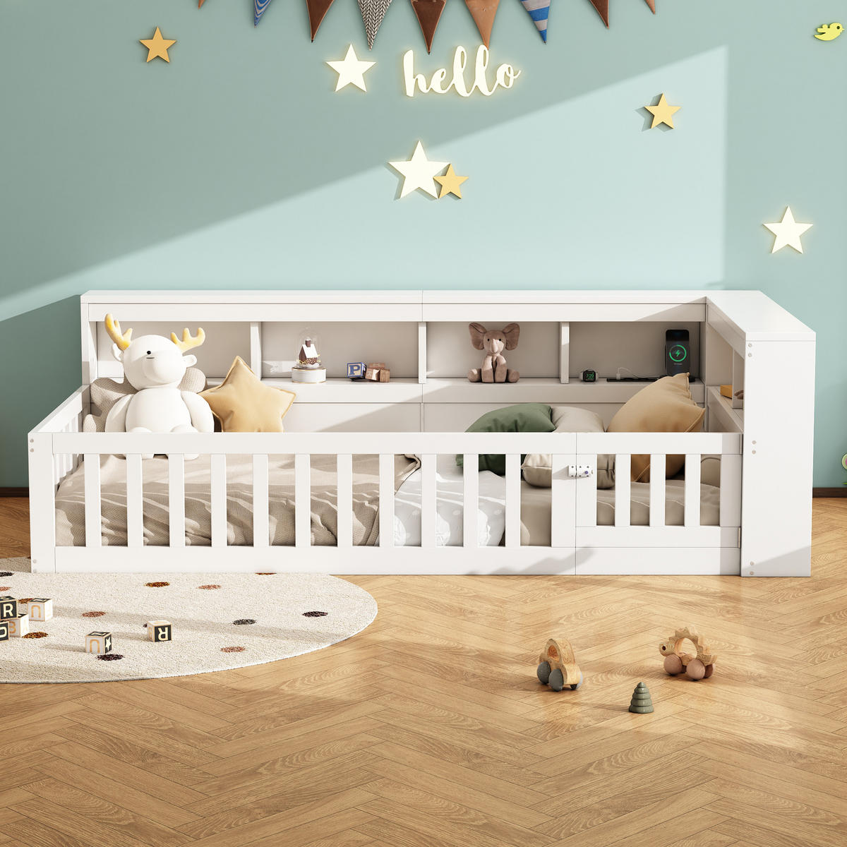 TAGEBETT 90x200cm Weiß Spanplatte Bettseite Staufach Steckdose USB - Weiß, Holz (90/200cm) - FLIEKS