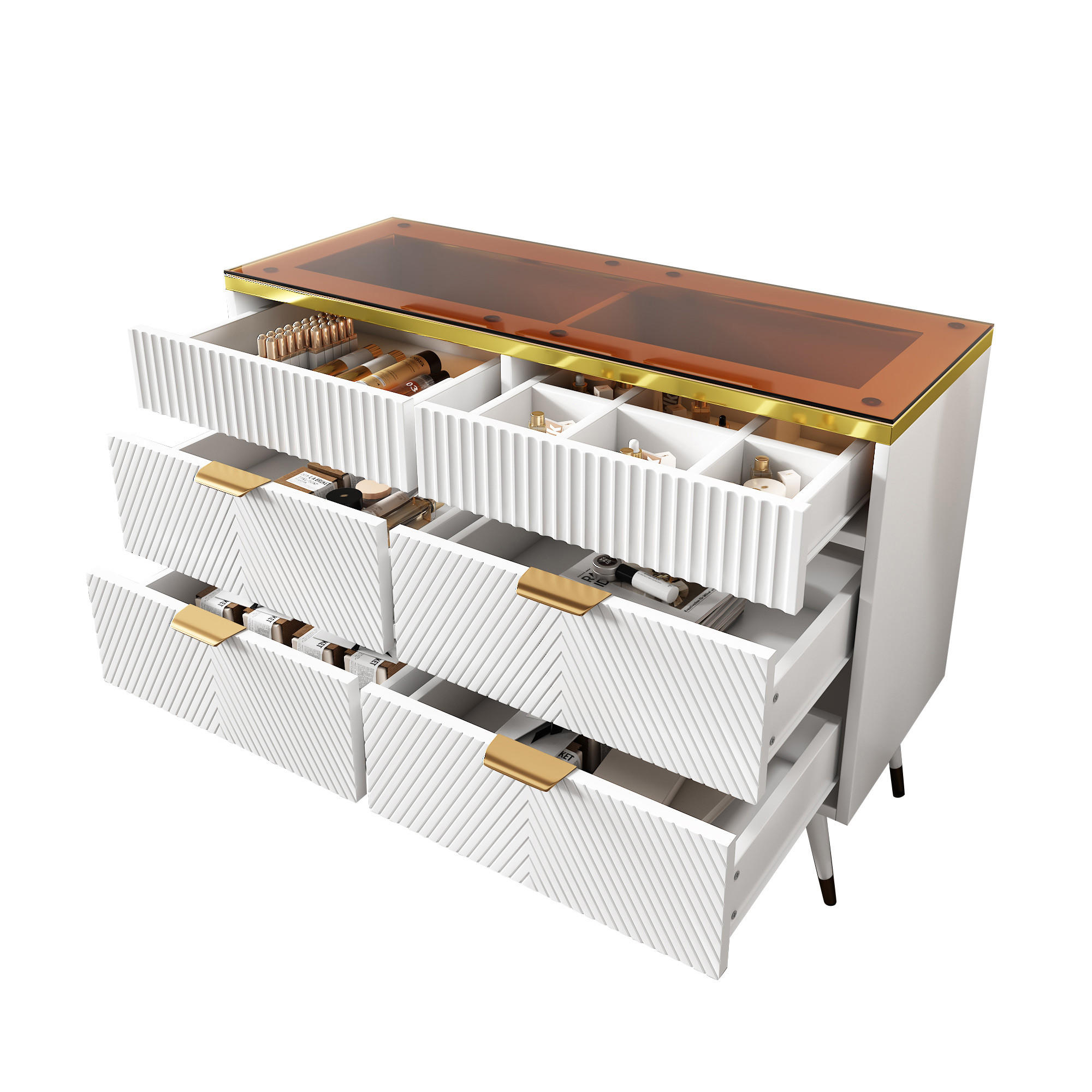 KOMMODE in Weiß Sideboard aus Bernstein Glas mit Schubladen für Wohnzimmer und Schlafzimmer, B120/T40/H76 cm - Weiß, Holzwerkstoff/Metall (120/76/40cm) - STILVORA