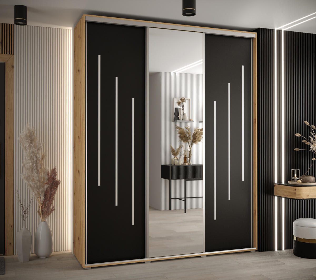 SCHWEBETÜRENSCHRANK 235,2/200/45 3-türig - Silberfarben/Schwarz, Holz/Metall (200/235/45cm) - Abiks Möbel