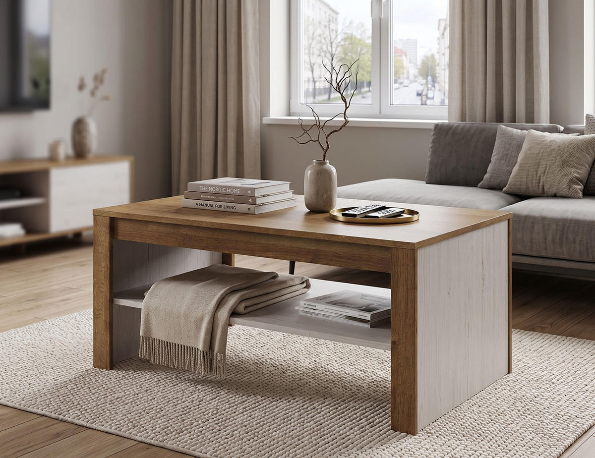 COUCHTISCH Falco Anderson Pinie - Absetzungen Eiche Riviera 103 / 63 / 46cm - Eichefarben/Pinienfarben, Holz/Holzwerkstoff (63/103/46cm) - Feldmann-Wohnen