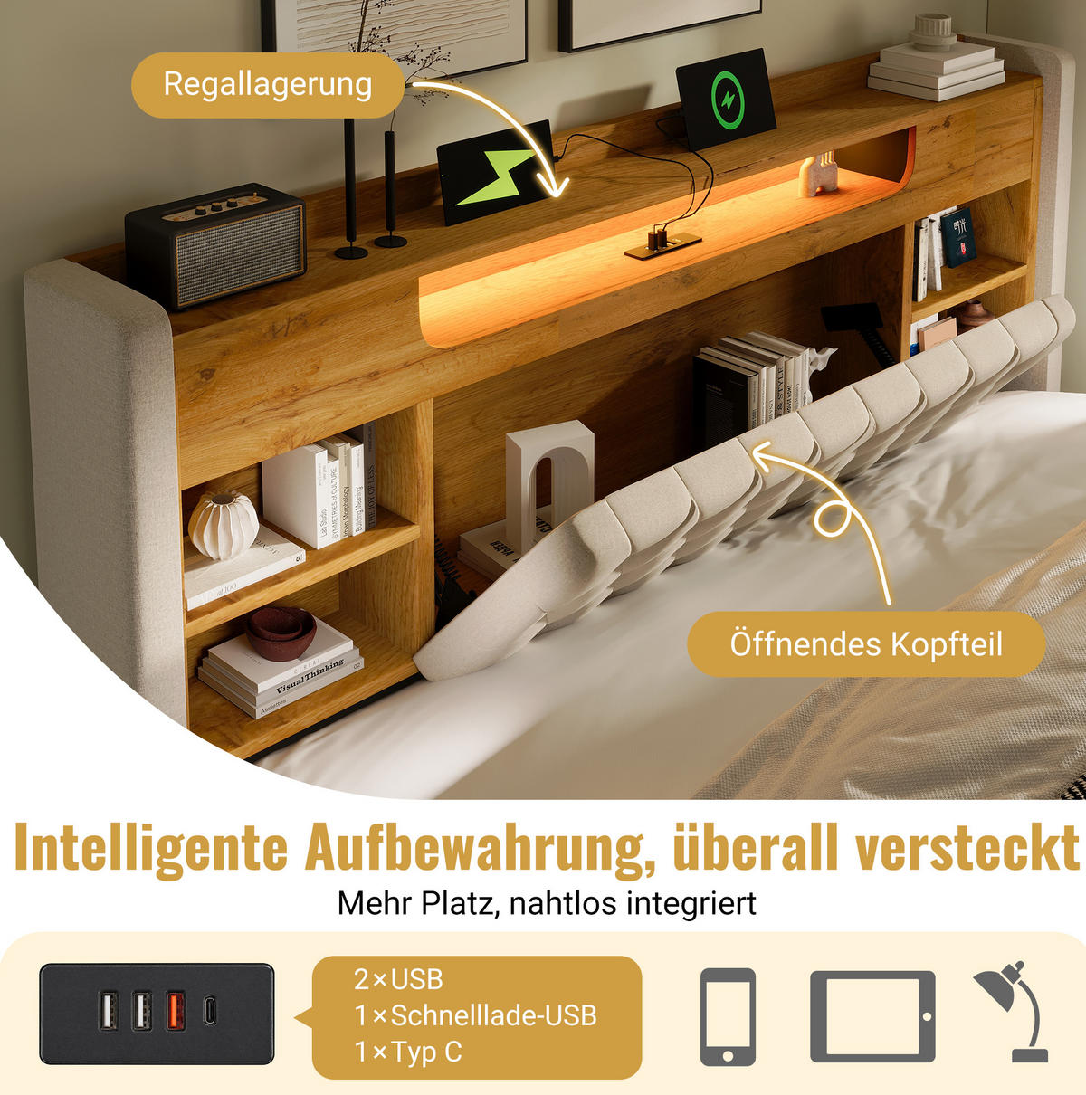 POLSTERBETT 90x200 cm in Beige mit hydraulischem Bettkasten, LED und Ladeanschlüssen - Beige, Textil (90/200cm) - IVMEU